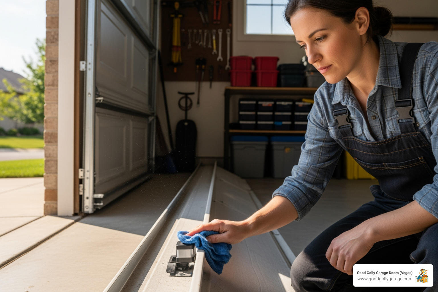 A person cleaning a garage door safety sensor lens. - garage door opener repair troubleshooting north las vegas nv