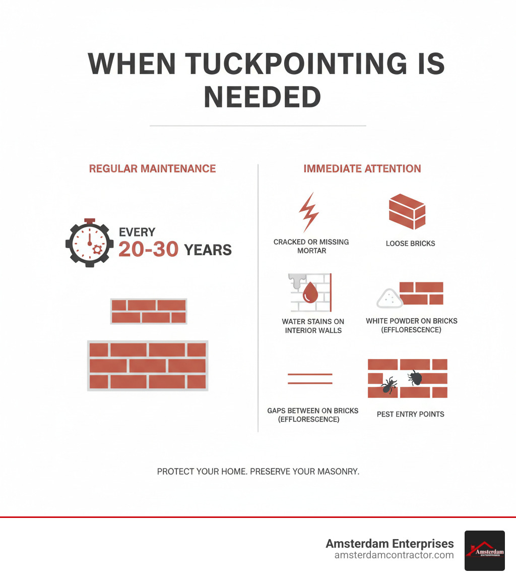 Infographic showing when tuckpointing is needed: every 20-30 years for regular maintenance, immediately if you see cracked or missing mortar, loose bricks, water stains on interior walls, white powder on bricks, gaps between brick joints, or pest entry points near mortar areas - tuckpointing services near me infographic 