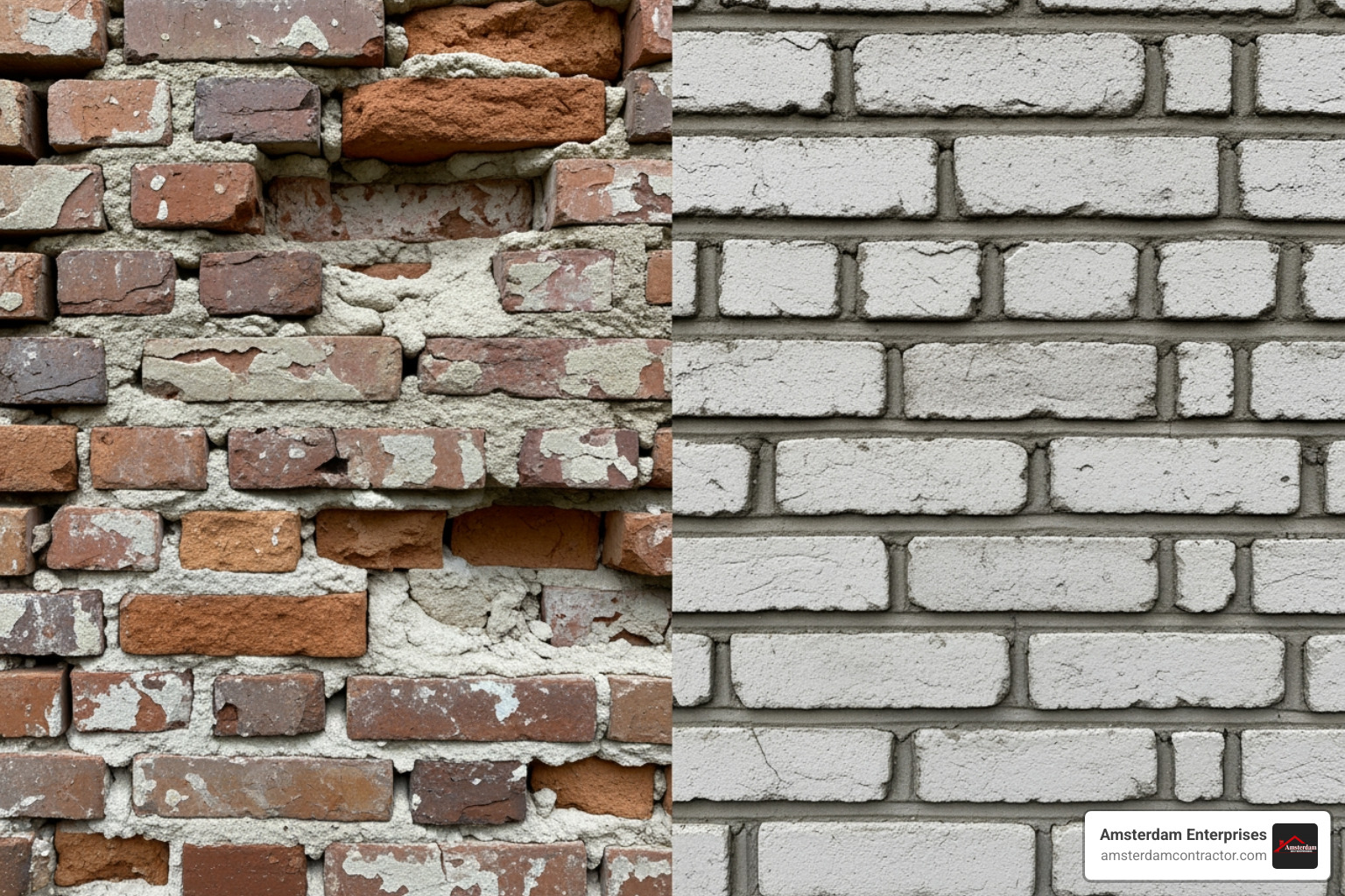 Before-and-after comparison of a tuckpointed wall - tuckpointing services near me