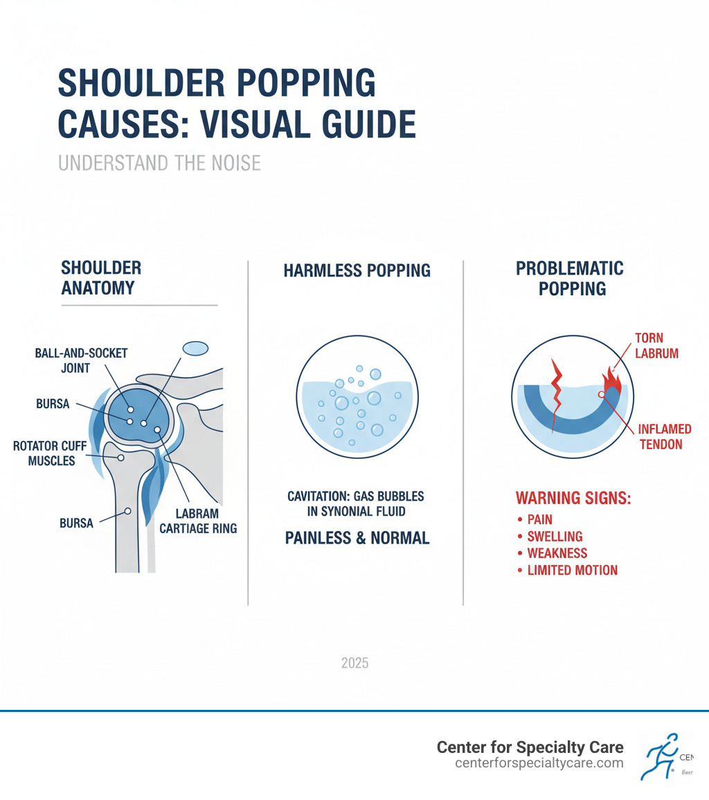 Infographic showing shoulder anatomy with labeled parts including the ball-and-socket joint, rotator cuff muscles, labrum cartilage ring, and bursa, alongside two comparison panels: one showing harmless cavitation with gas bubbles in synovial fluid labeled as painless and normal, and another showing problematic popping with torn labrum or inflamed tendon labeled with warning signs of pain, swelling, weakness, and limited motion - shoulder popping causes infographic 