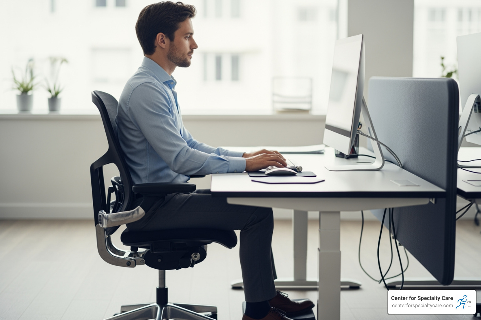 Person sitting at a desk with excellent posture, demonstrating correct ergonomic setup - shoulder popping and stiffness Person sitting at a desk with excellent posture, demonstrating correct ergonomic setup - shoulder popping and stiffness