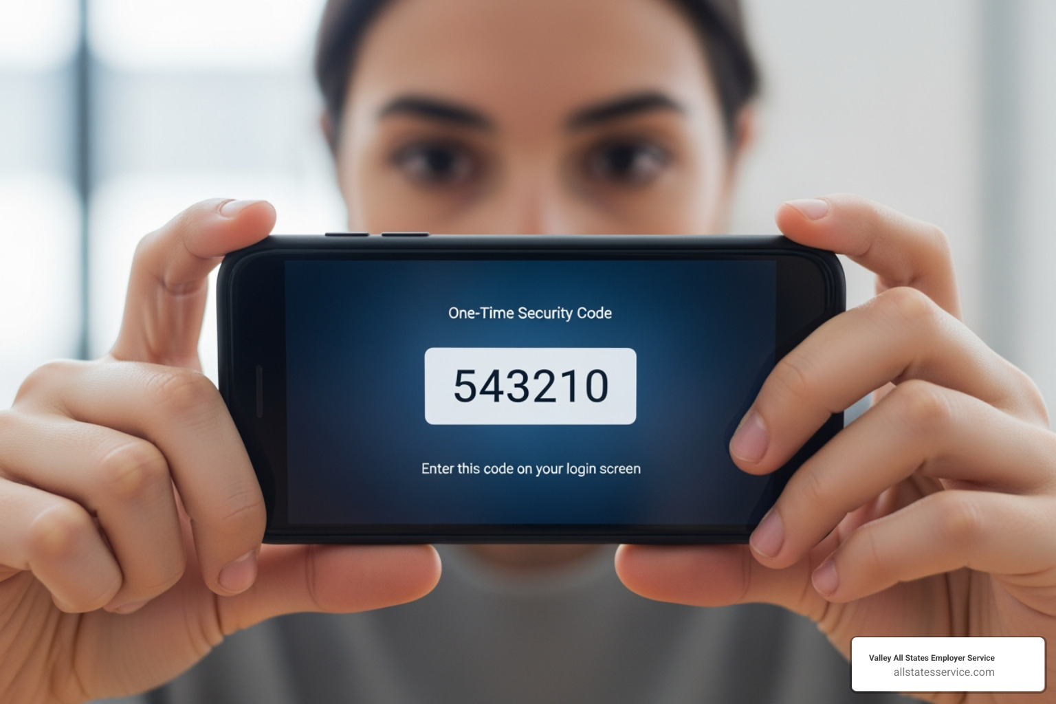Person looking at a phone screen displaying a one-time security code for MFA - E-Verify login help Person looking at a phone screen displaying a one-time security code for MFA - E-Verify login help