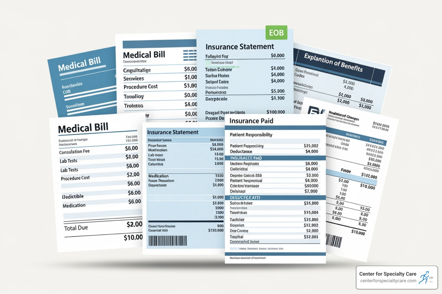 Graphic illustrating various medical bills and financial statements, symbolizing the components of procedure costs - intracept procedure cost