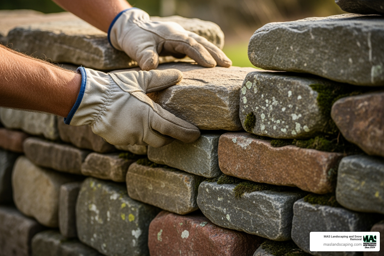 A skilled mason carefully setting stones on a fence. - stone fence cost