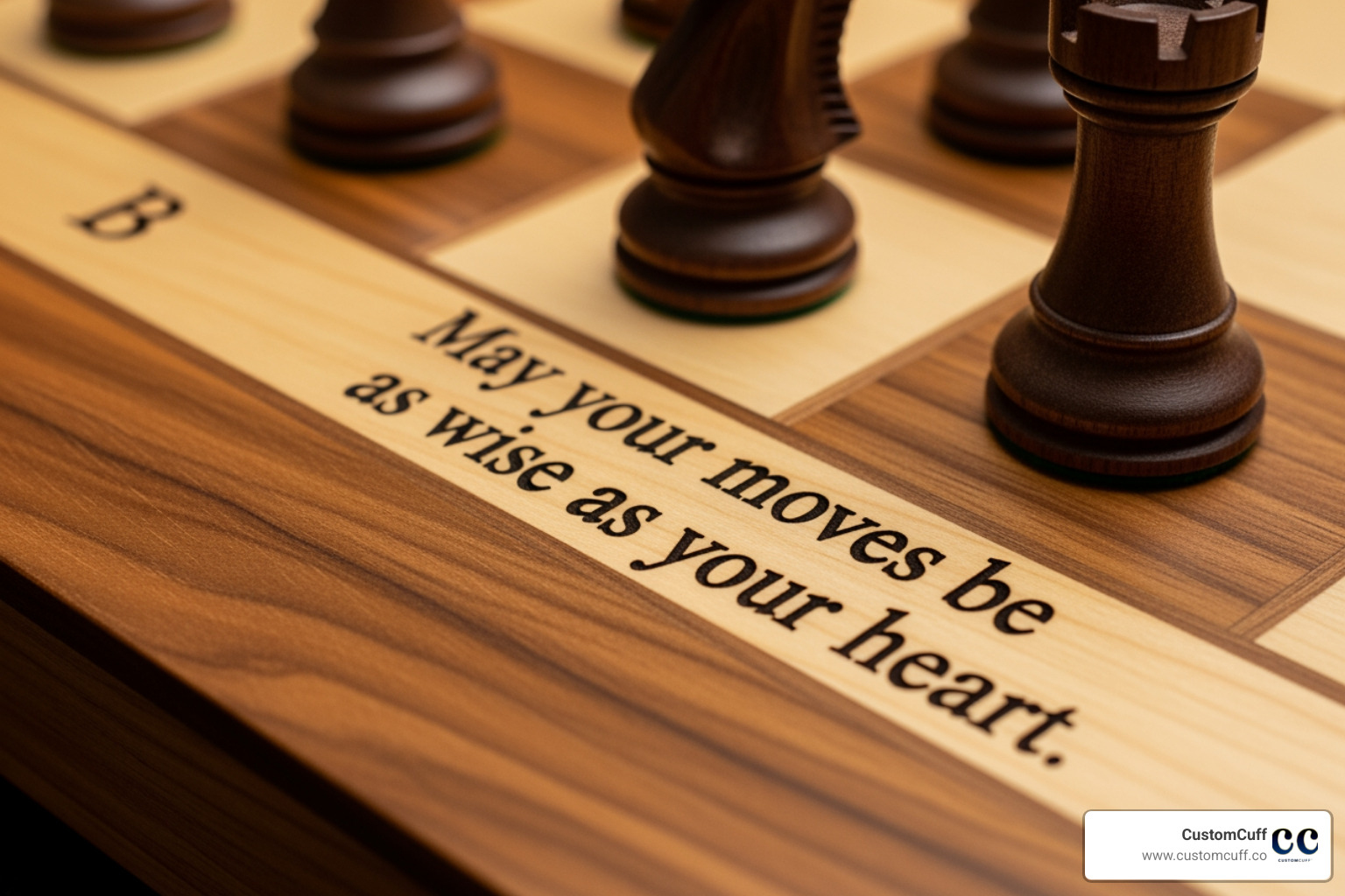 A close-up of an engraved message on a wooden chess board, showcasing intricate detail - personalised chess set A close-up of an engraved message on a wooden chess board, showcasing intricate detail - personalised chess set