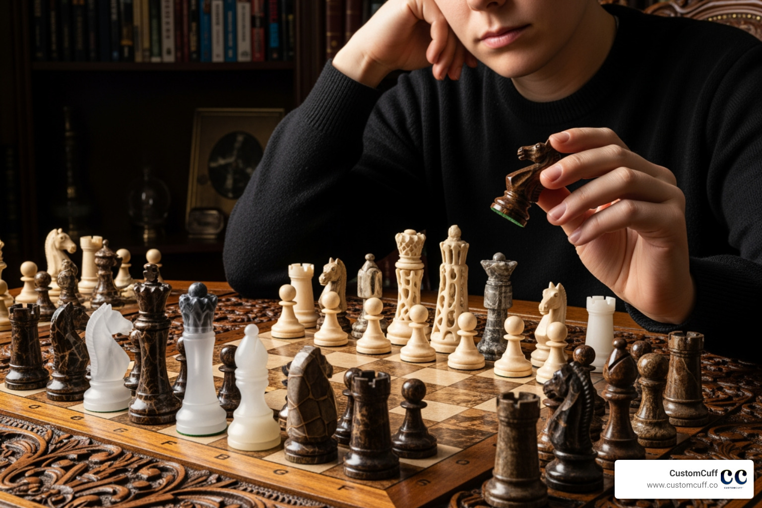 A person thoughtfully examining different chess pieces, with various materials and designs visible - personalised chess set A person thoughtfully examining different chess pieces, with various materials and designs visible - personalised chess set