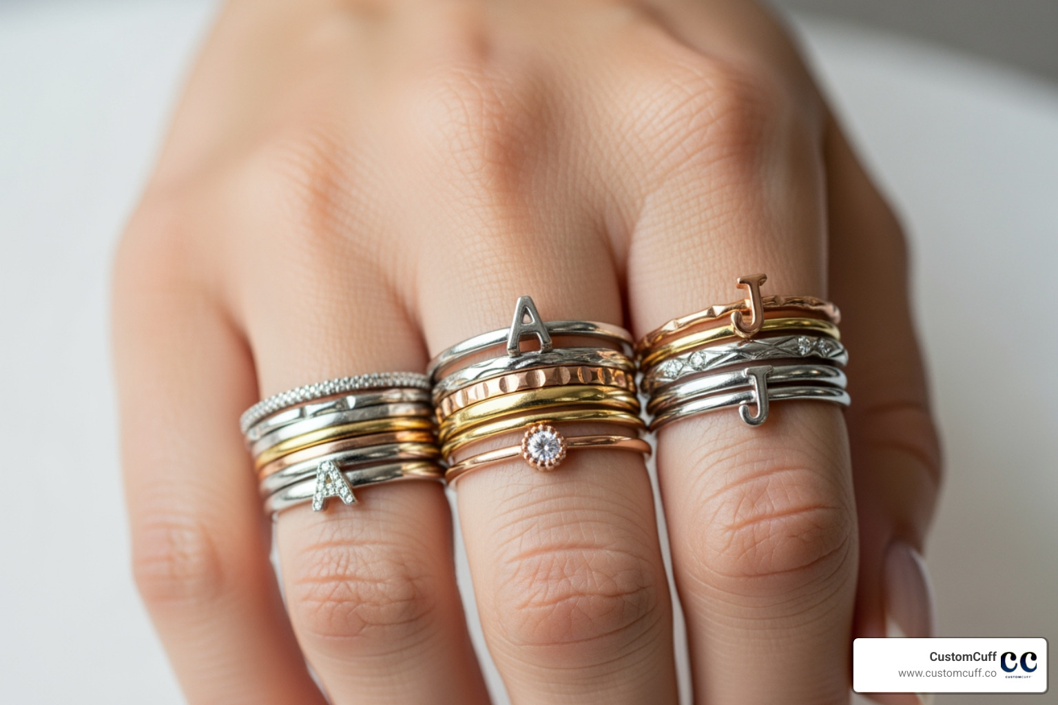 hand showcasing a stacked ring look with mixed metals and styles, including an initial ring - personalized initial ring hand showcasing a stacked ring look with mixed metals and styles, including an initial ring - personalized initial ring