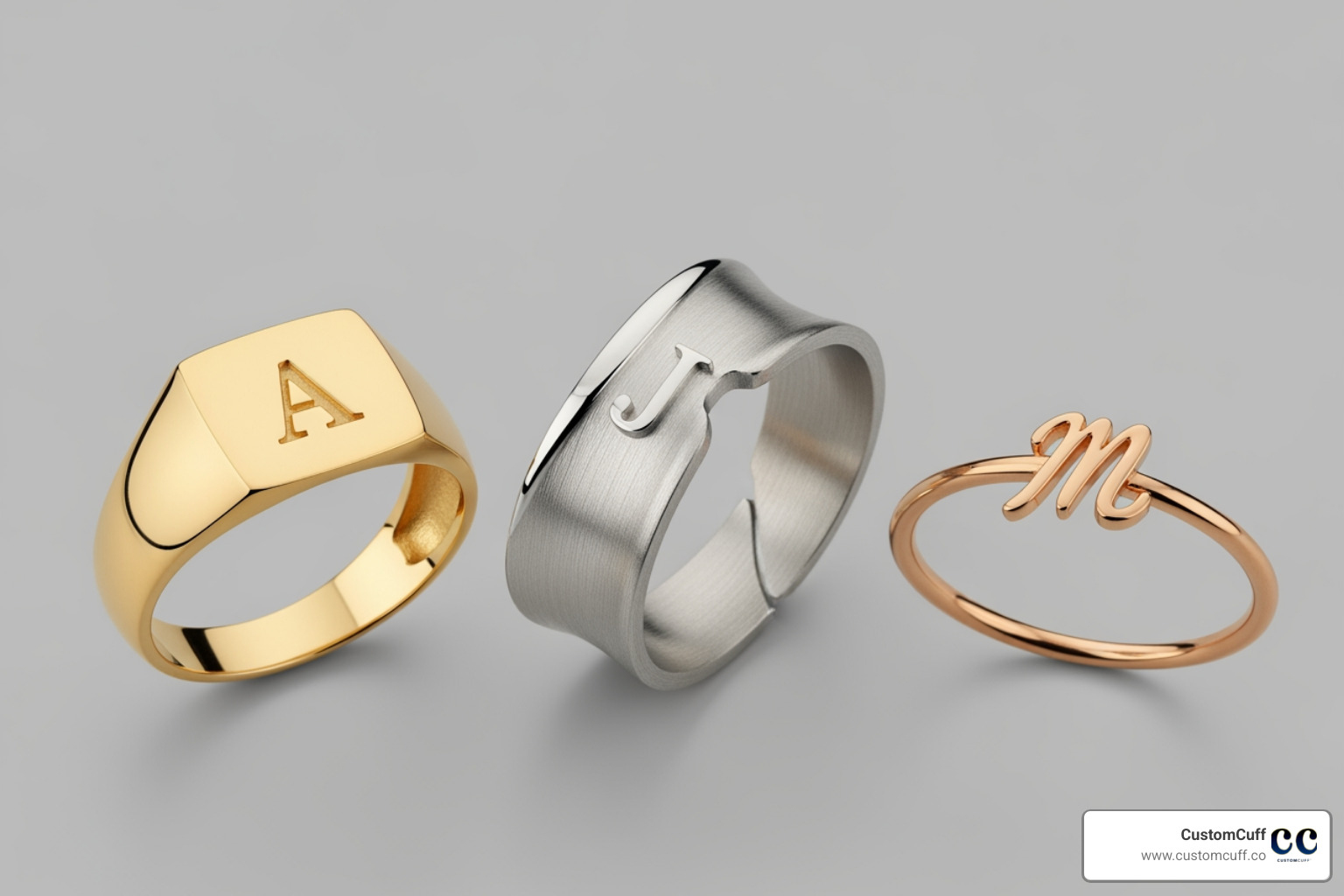 three different initial ring styles side-by-side: a classic signet, a modern band, and a minimalist dainty ring - personalized initial ring three different initial ring styles side-by-side: a classic signet, a modern band, and a minimalist dainty ring - personalized initial ring