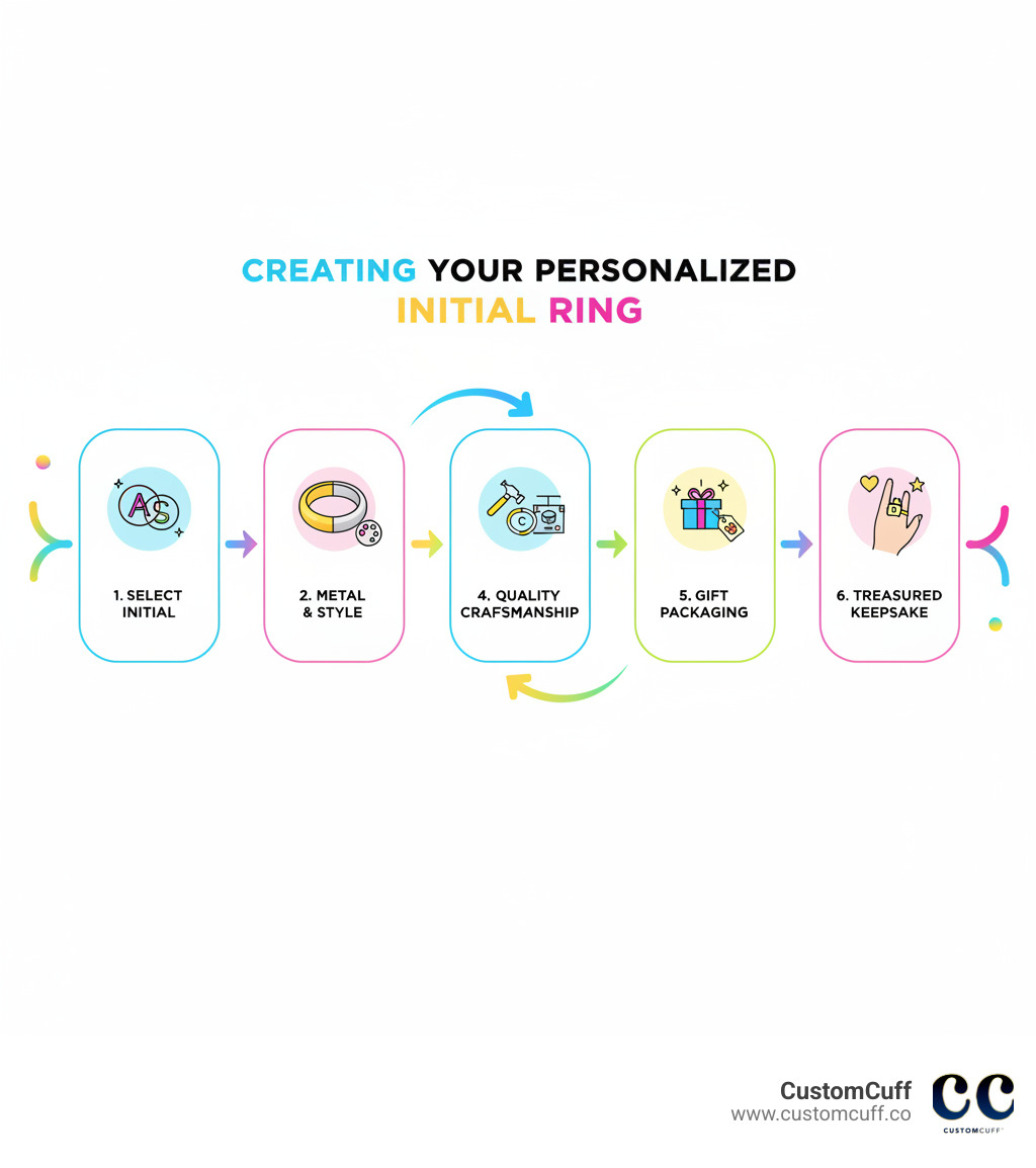 Infographic showing the journey of creating a personalized initial ring: starting with selecting your meaningful initial, choosing your preferred metal and style, customization through engraving or casting, quality craftsmanship and finishing, beautiful gift packaging, and finally becoming a treasured keepsake worn throughout life's special moments - personalized initial ring infographic Infographic showing the journey of creating a personalized initial ring: starting with selecting your meaningful initial, choosing your preferred metal and style, customization through engraving or casting, quality craftsmanship and finishing, beautiful gift packaging, and finally becoming a treasured keepsake worn throughout life's special moments - personalized initial ring infographic