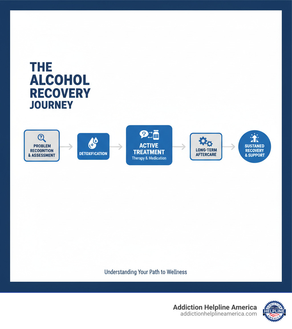 infographic showing the journey from recognizing the problem through assessment, detox, active treatment including therapy and medications, and continuing into long-term aftercare and recovery support - alcohol rehab treatment options infographic 