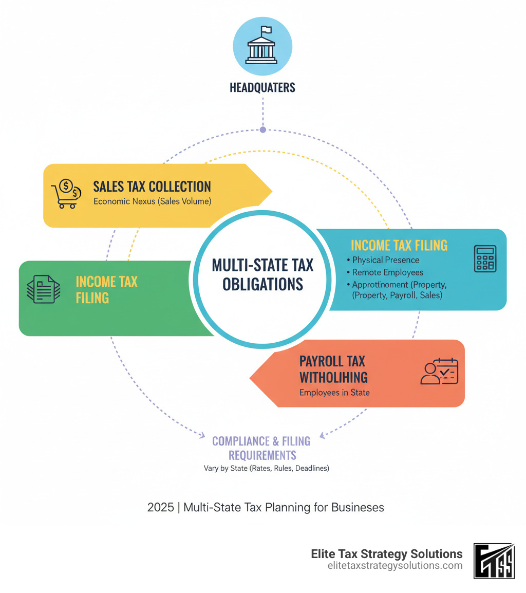 infographic showing how a business headquartered in one state with sales, employees, or inventory in other states triggers tax obligations in multiple jurisdictions, including sales tax collection, income tax filing, and payroll tax withholding requirements - Multi state tax planning infographic infographic showing how a business headquartered in one state with sales, employees, or inventory in other states triggers tax obligations in multiple jurisdictions, including sales tax collection, income tax filing, and payroll tax withholding requirements - Multi state tax planning infographic