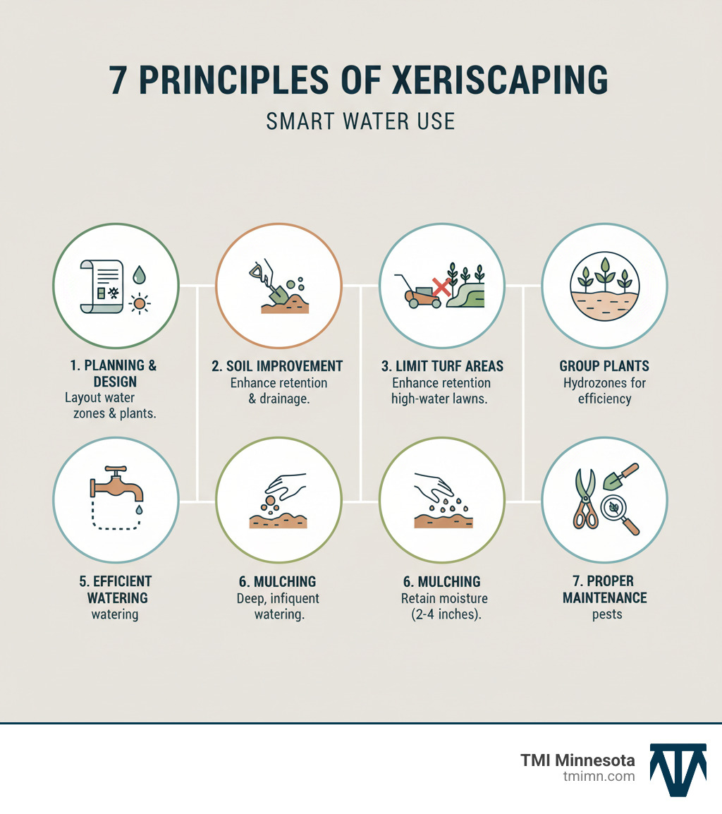 Infographic showing the 7 principles of xeriscaping: 1. Planning and Design - create a landscape plan considering water zones and plant placement; 2. Soil Improvement - amend soil to improve water retention and drainage; 3. Limit Turf Areas - reduce high-water lawns to functional spaces only; 4. Group Plants by Water Needs - create hydrozones for efficient irrigation; 5. Efficient Watering - use drip irrigation and deep, infrequent watering; 6. Mulching - apply 2-4 inches of organic or mineral mulch to retain moisture; 7. Proper Maintenance - prune, weed, and monitor for pests regularly - xeriscape garden plants infographic 