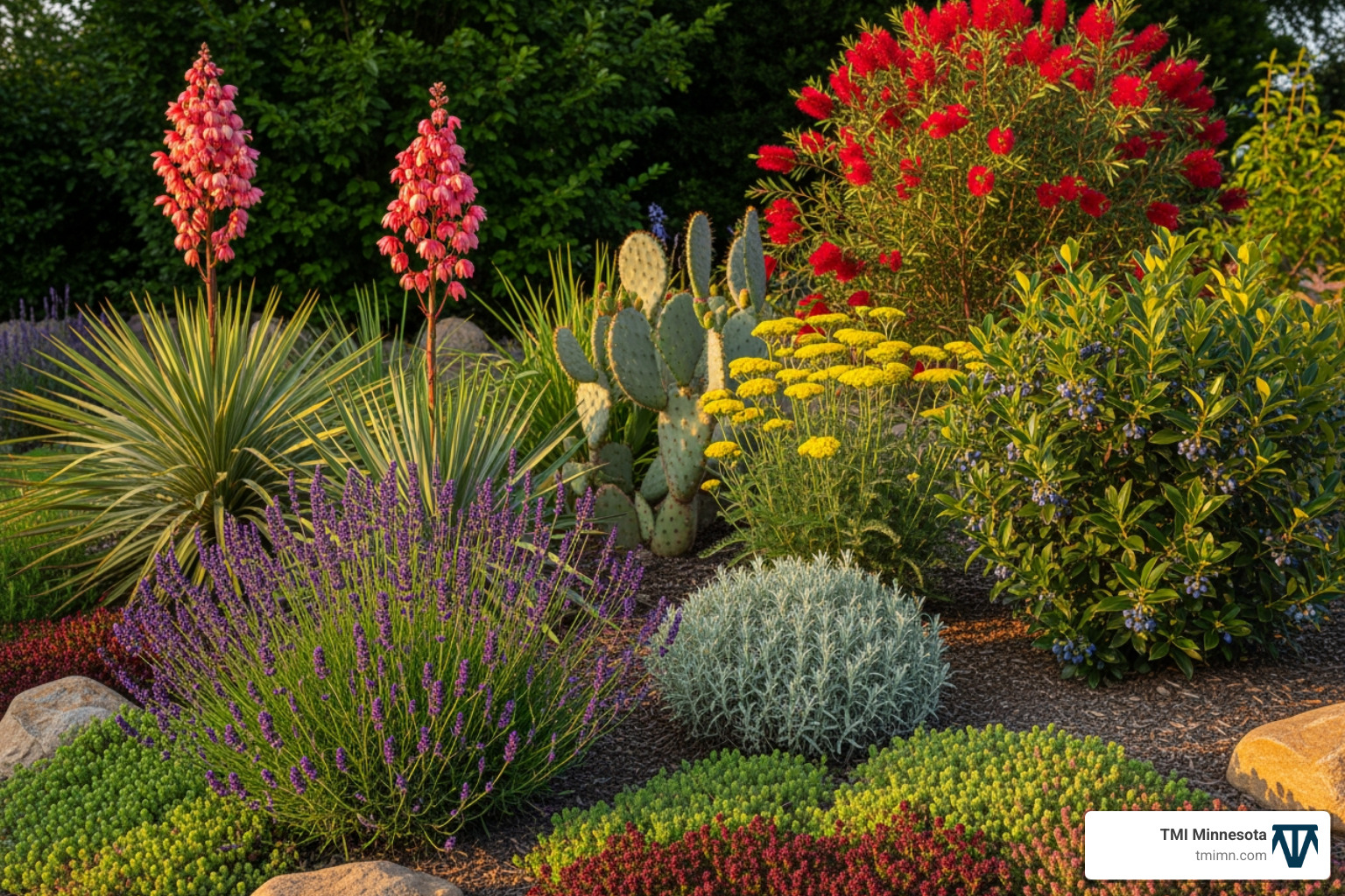 garden bed featuring a mix of drought-tolerant perennials and shrubs - xeriscape garden plants
