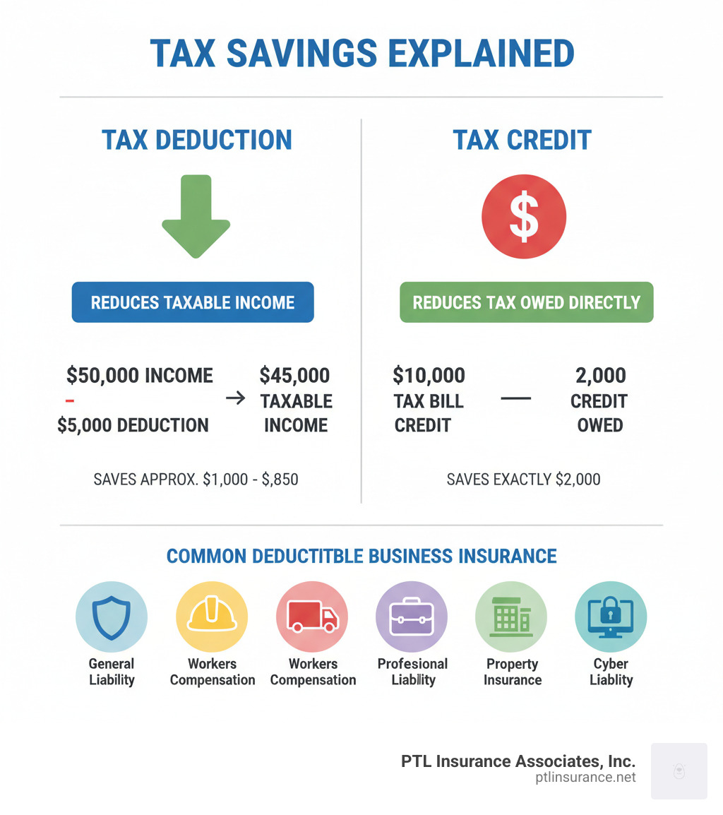 Infographic showing the difference between tax deductions and tax credits: Tax deduction reduces taxable income (example: $50,000 income minus $5,000 deduction equals $45,000 taxable income, saving approximately $1,000-$1,850 depending on tax bracket). Tax credit reduces tax owed directly (example: $10,000 tax bill minus $2,000 credit equals $8,000 owed, saving exactly $2,000). Bottom section shows common deductible business insurance types with icons: general liability shield, workers compensation hard hat, commercial auto truck, professional liability briefcase, property insurance building, and cyber liability lock with computer. - business insurance tax infographic Infographic showing the difference between tax deductions and tax credits: Tax deduction reduces taxable income (example: $50,000 income minus $5,000 deduction equals $45,000 taxable income, saving approximately $1,000-$1,850 depending on tax bracket). Tax credit reduces tax owed directly (example: $10,000 tax bill minus $2,000 credit equals $8,000 owed, saving exactly $2,000). Bottom section shows common deductible business insurance types with icons: general liability shield, workers compensation hard hat, commercial auto truck, professional liability briefcase, property insurance building, and cyber liability lock with computer. - business insurance tax infographic