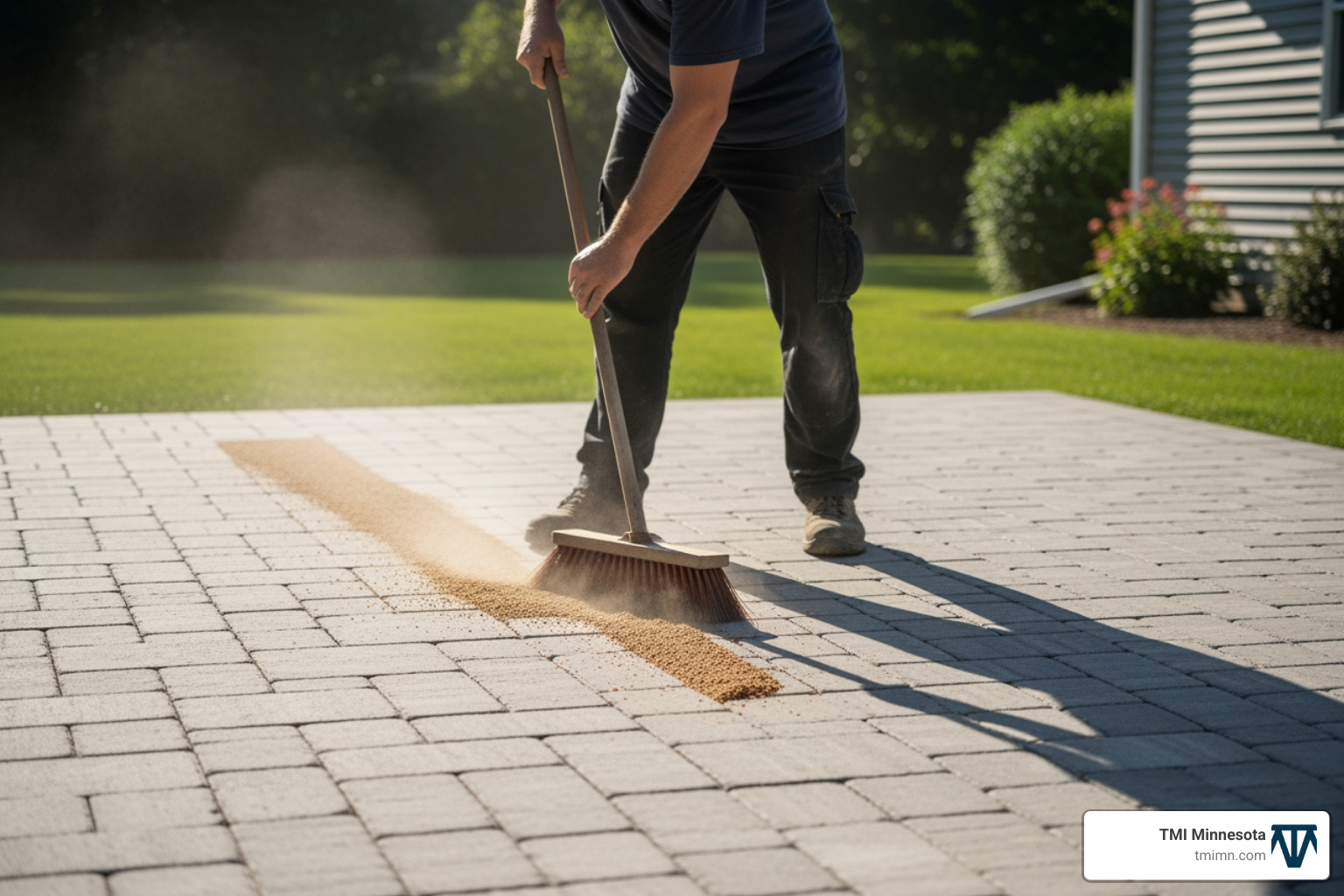 of a person sweeping polymeric sand into the paver joints - patio paver installation of a person sweeping polymeric sand into the paver joints - patio paver installation
