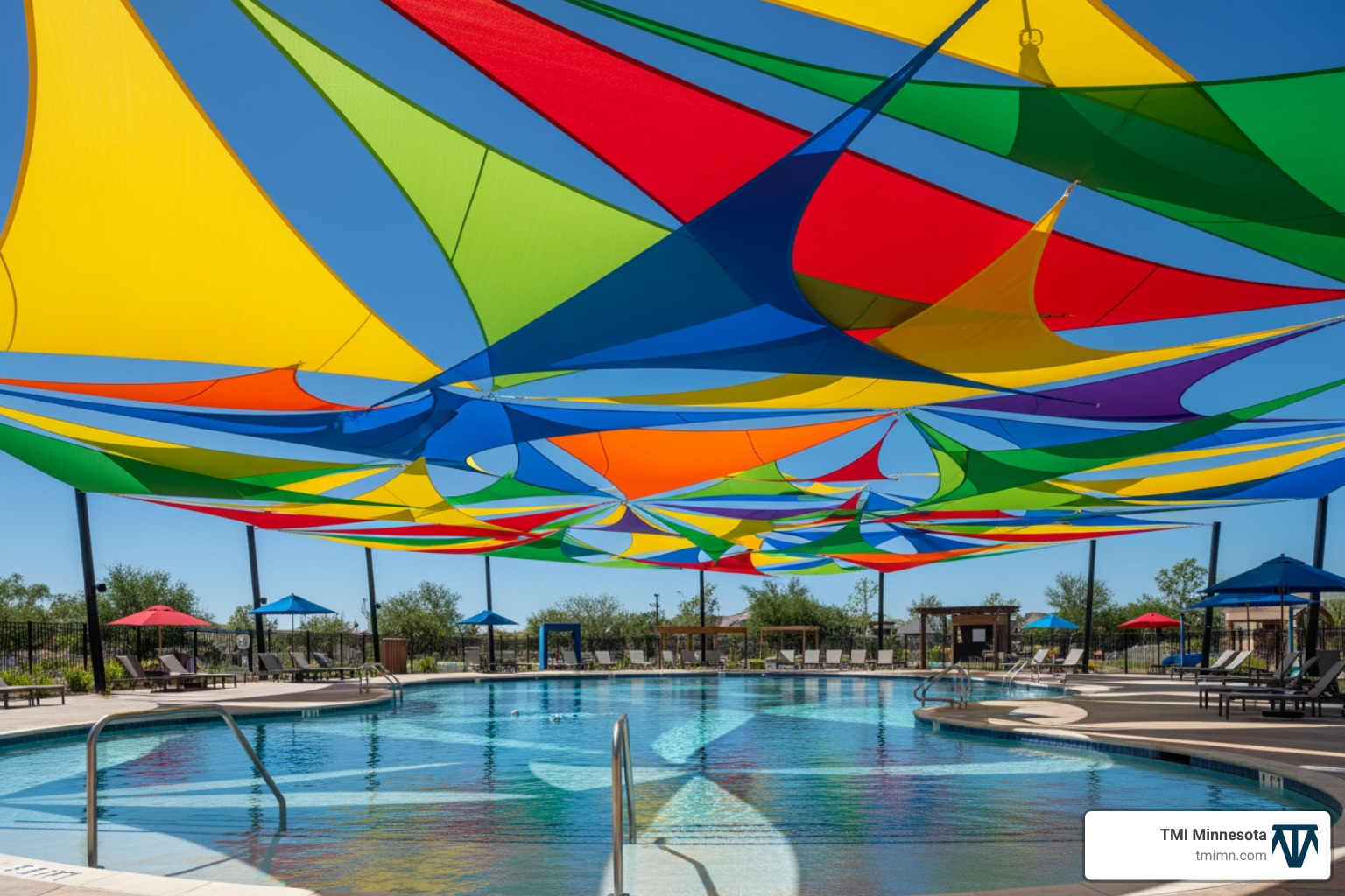 colorful, overlapping triangular shade sails over a pool area - Backyard sun protection