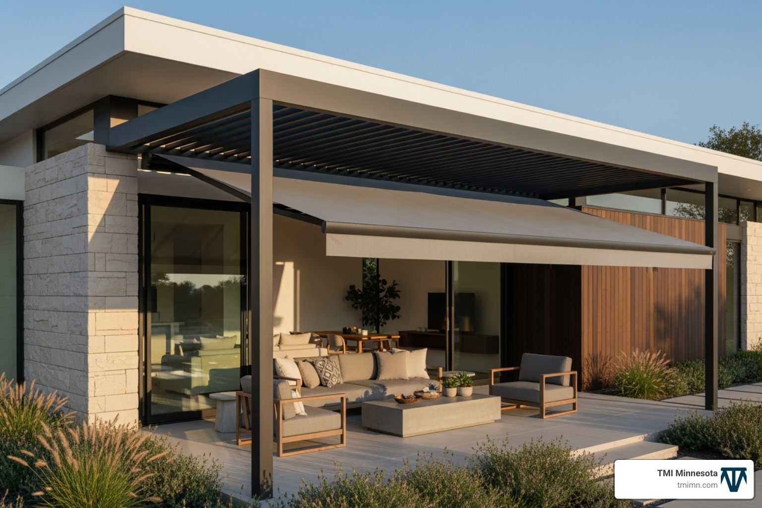 modern home with integrated pergola and awning - Backyard sun protection