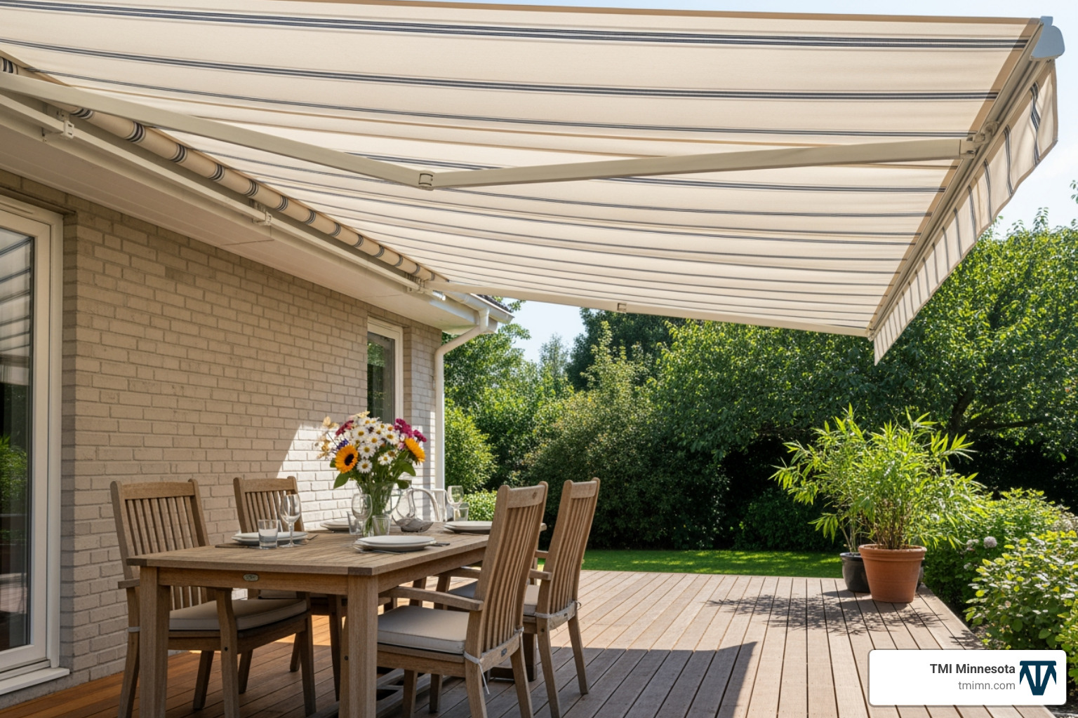 retractable awning extended over a sunny deck dining area - Backyard sun protection