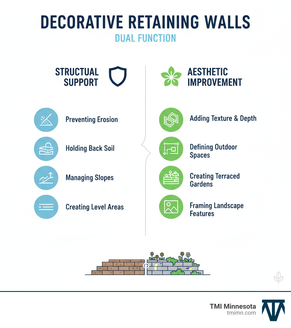 Infographic showing the dual function of decorative retaining walls with two columns: Structural Support (preventing erosion, holding back soil, managing slopes, creating level areas) and Aesthetic Improvement (adding texture and depth, defining outdoor spaces, creating terraced gardens, framing landscape features) - decorative retaining wall infographic 