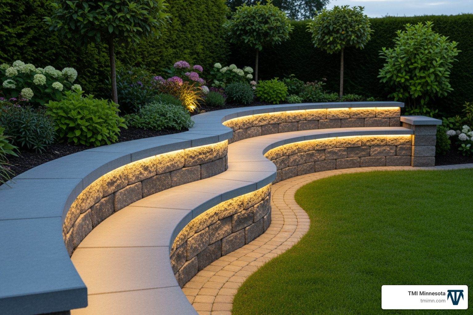 curved retaining wall with integrated lighting and seating - decorative retaining wall