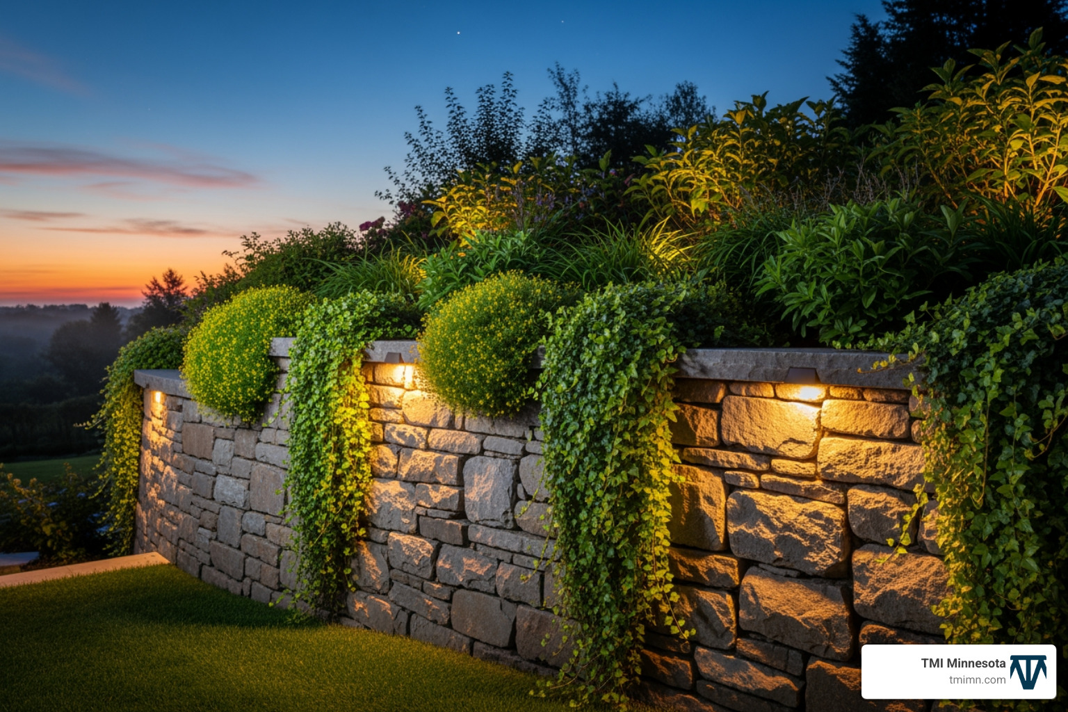 stone retaining wall with cascading plants and subtle capstone lights - decorative retaining wall