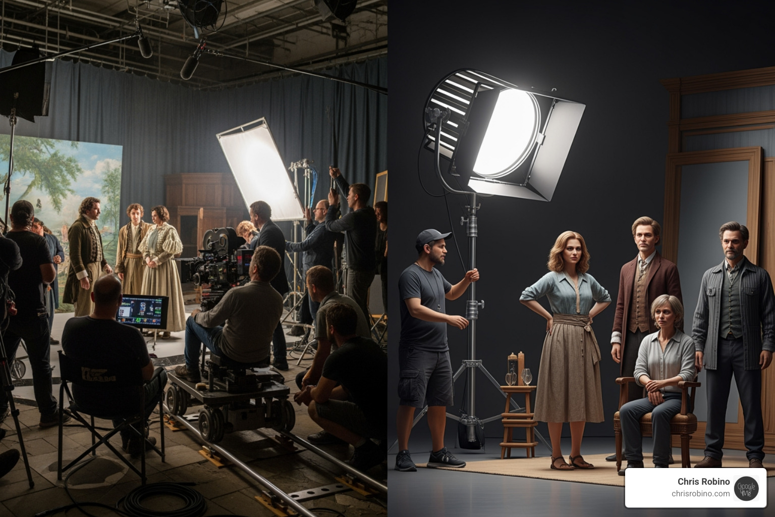 a side-by-side comparison showing a real film set and an AI-generated equivalent - AI in filmmaking a side-by-side comparison showing a real film set and an AI-generated equivalent - AI in filmmaking