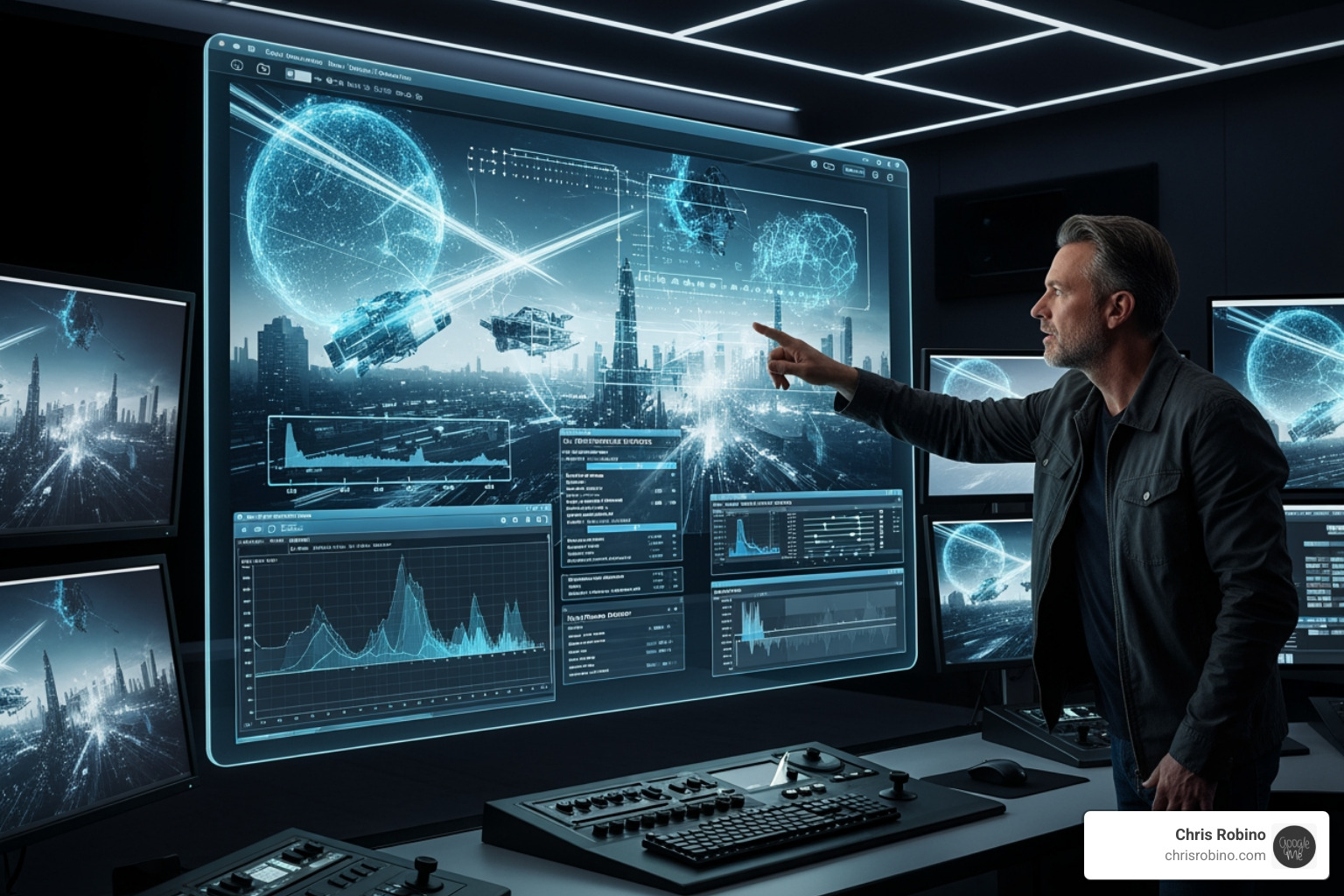 a director collaborating with an an AI interface on a complex visual effect - AI in filmmaking a director collaborating with an an AI interface on a complex visual effect - AI in filmmaking