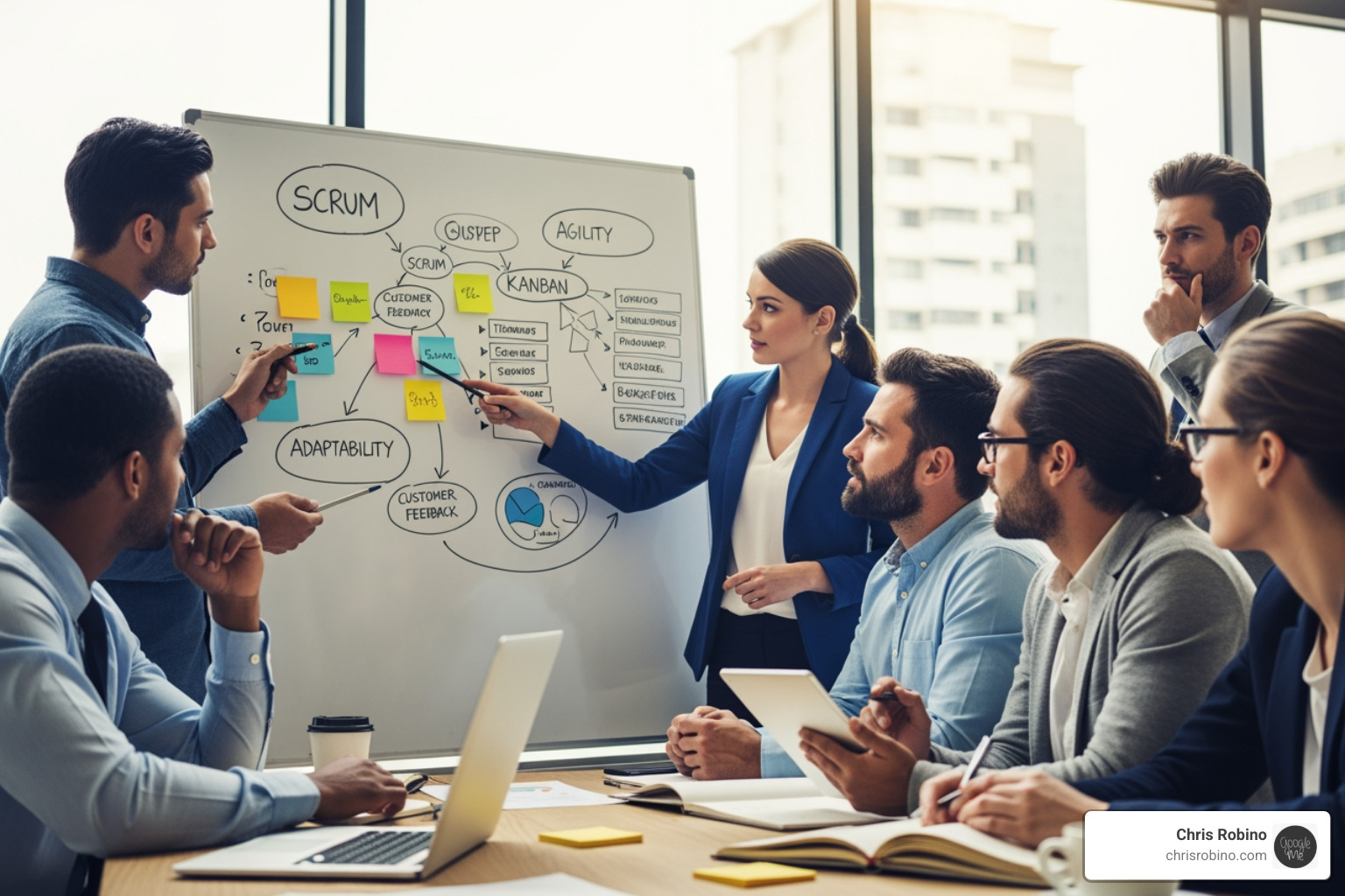 A consultant actively coaching a small group of executives in a modern office setting, facilitating discussion and guiding them through a strategic exercise - business agility consulting
