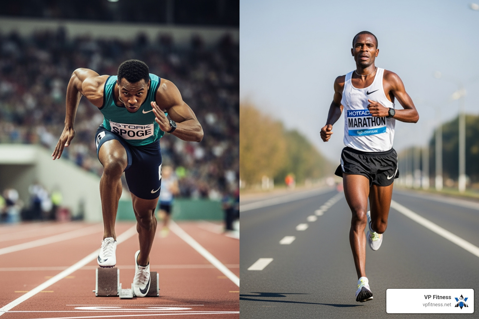 split screen of a sprinter (HIIT) and a marathon runner (MICT) - High intensity cardio