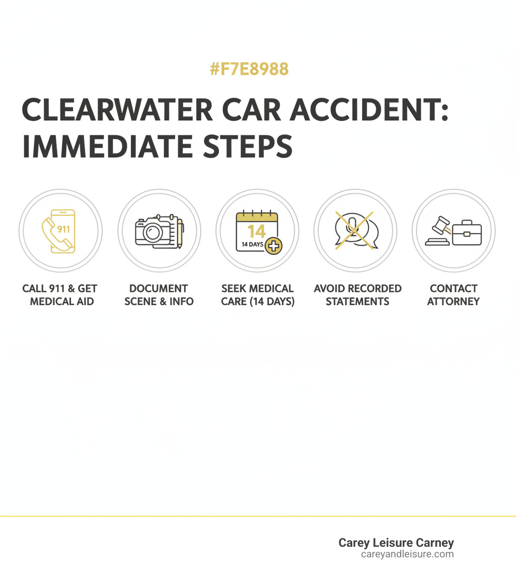 infographic showing steps after a car accident including call 911, document scene, seek medical care within 14 days, avoid recorded statements, and contact attorney - clearwater car accident attorneys infographic 