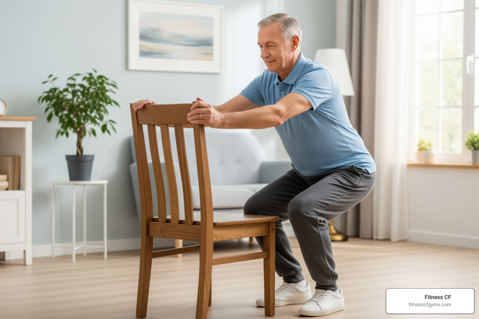 senior performing a modified squat with a chair for support - low impact hiit for seniors
