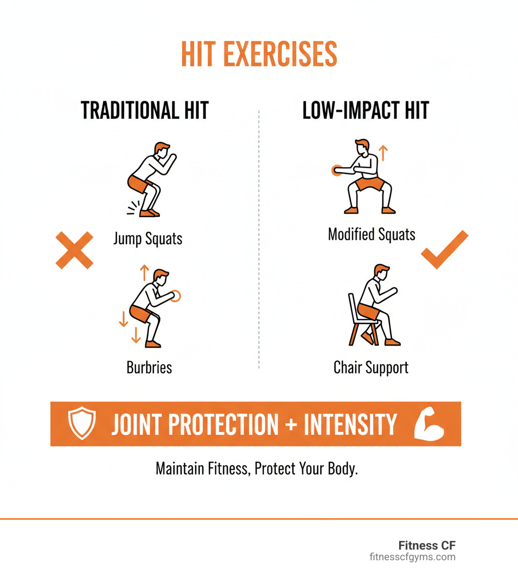 infographic comparing traditional HIIT exercises like jump squats and burpees with low-impact alternatives like modified squats, step-jacks, and chair-supported movements, showing benefits of joint protection while maintaining intensity - low impact hiit for seniors infographic 