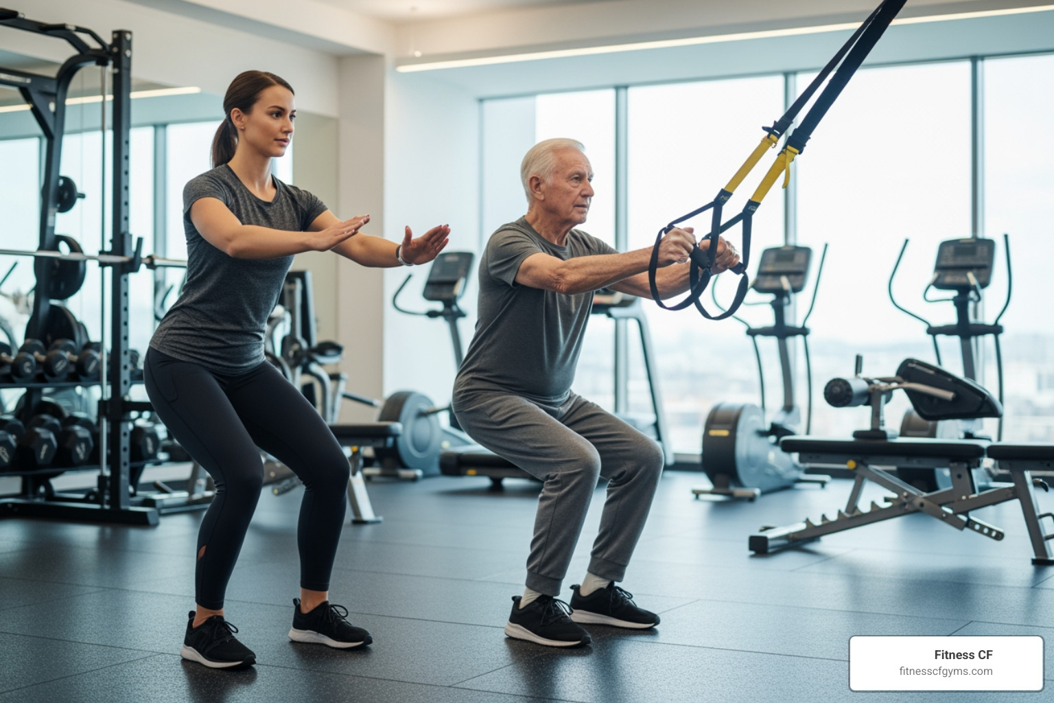 trainer demonstrating modified squat - clermont personal trainer for seniors