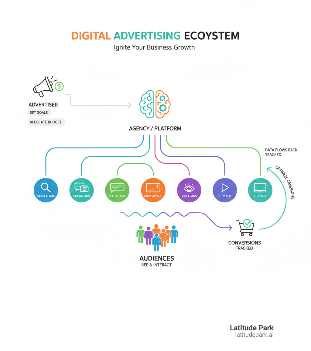 Infographic showing the digital advertising ecosystem: Advertiser sets goals and budget, works with agency or platform, ads are served across search, social, display, video, and CTV channels, audiences see and interact with ads, conversions are tracked, data flows back to optimize campaigns - digital advertising services infographic 