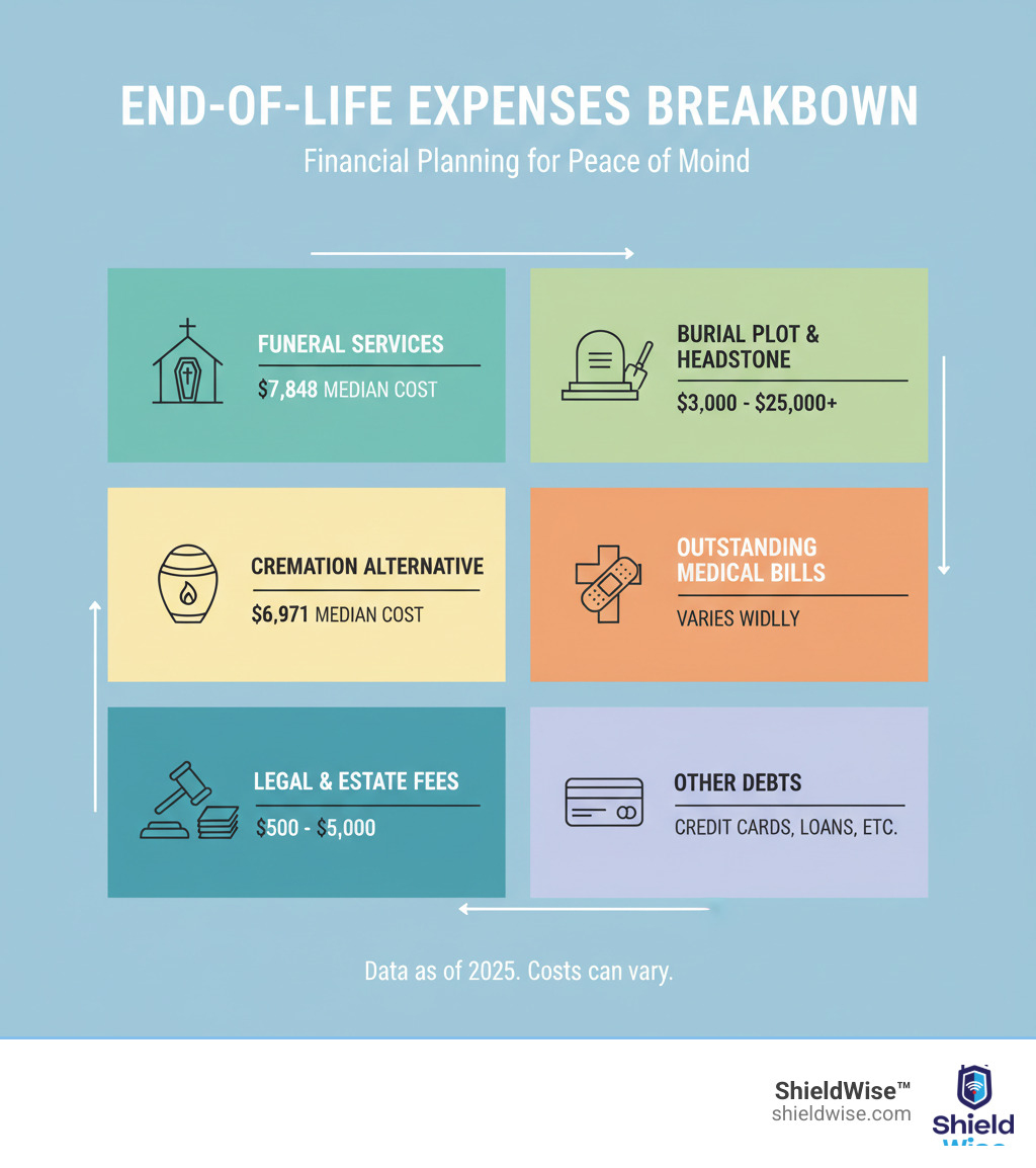 infographic showing breakdown of end-of-life expenses: funeral services ($7,848 median cost), burial plot and headstone ($3,000-$25,000+), cremation alternative ($6,971 median), outstanding medical bills (varies), legal and estate fees ($500-$5,000), and other debts like credit cards - end of life insurance for seniors infographic 