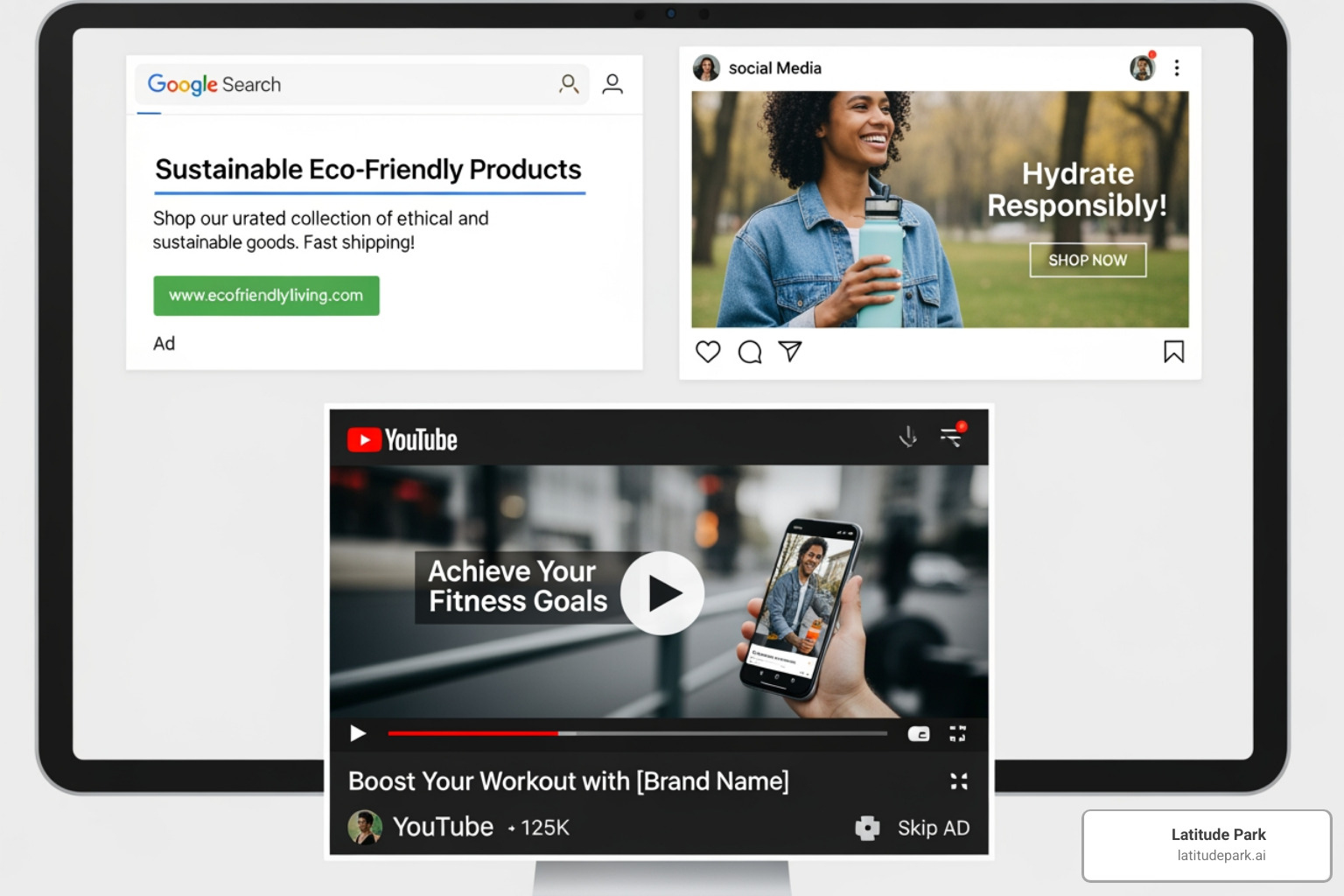 A screen displaying examples of different ad formats including a Google Search ad, a social media display ad, and a YouTube video ad - digital advertising services