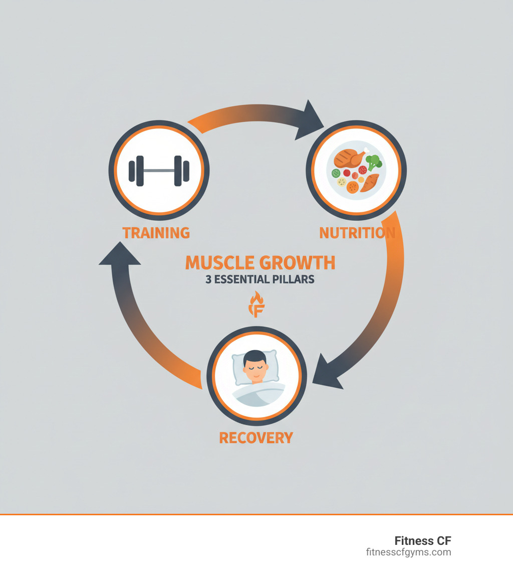 infographic showing the three pillars of muscle growth: a barbell representing Training, a plate of food representing Nutrition, and a person sleeping representing Recovery, with arrows connecting them in a cycle - 30 day muscle gain plan infographic 