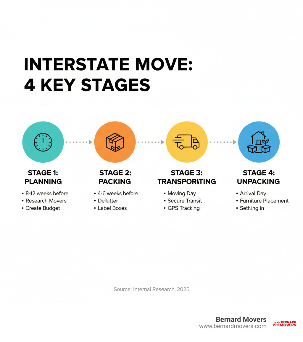 Infographic showing the 4 key stages of an interstate move: Stage 1 - Planning (8-12 weeks before, research movers, get quotes, create budget), Stage 2 - Packing (4-6 weeks before, declutter, pack non-essentials, label boxes), Stage 3 - Transporting (moving day, professional loading, secure transit, GPS tracking), Stage 4 - Unpacking (arrival day, unloading, furniture placement, settling in) - interstate removals and storage infographic 