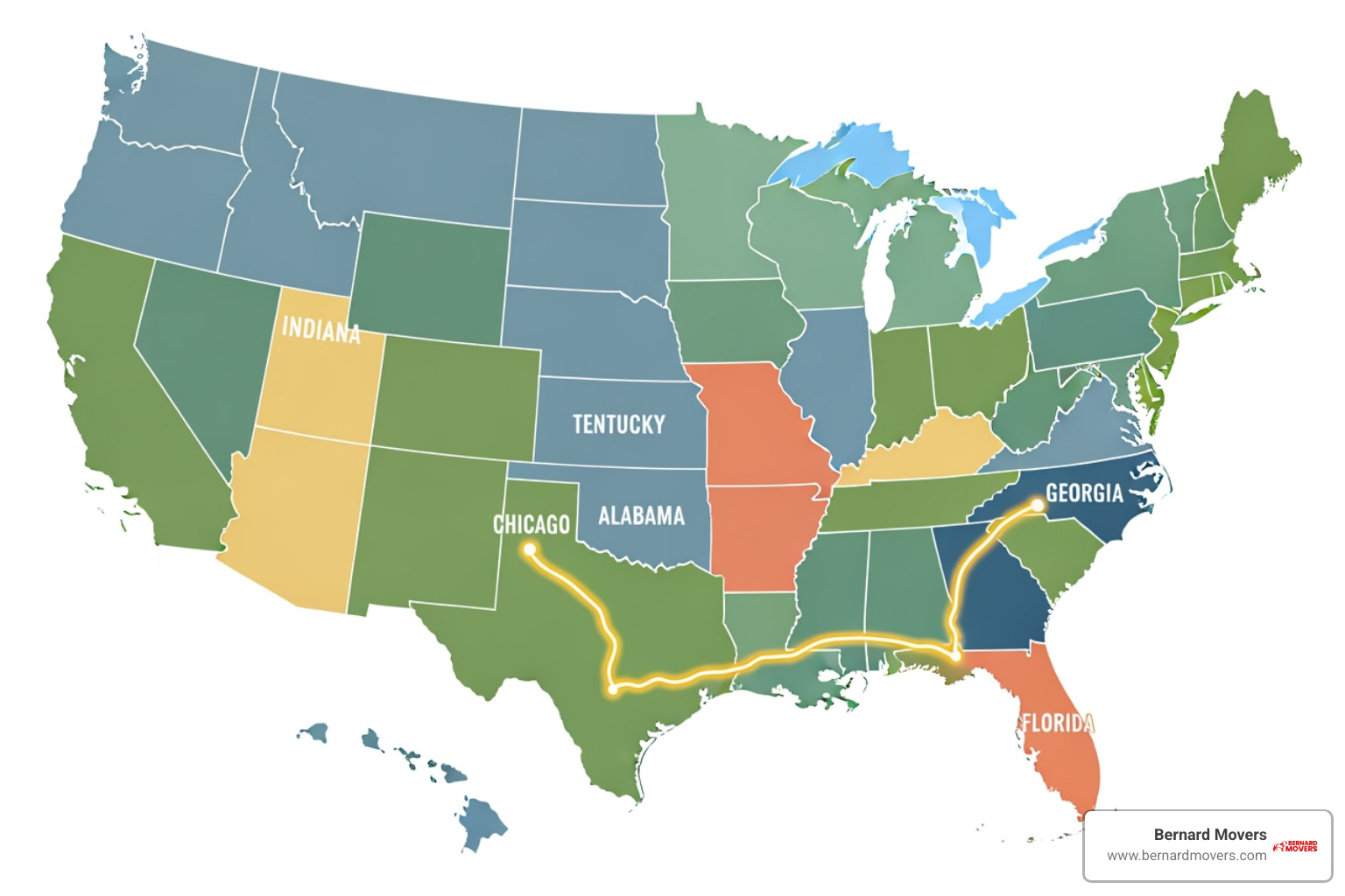map showing a move from Chicago to Florida or Georgia - interstate removals and storage
