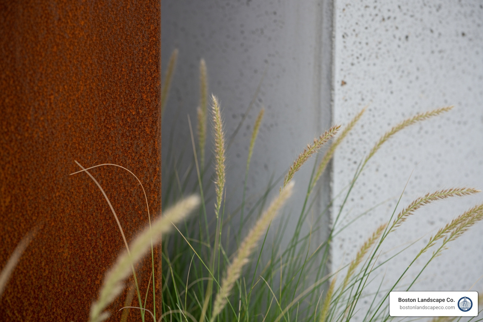 close-up showing the textural contrast between Corten steel, smooth concrete, and soft ornamental grasses - contemporary garden design