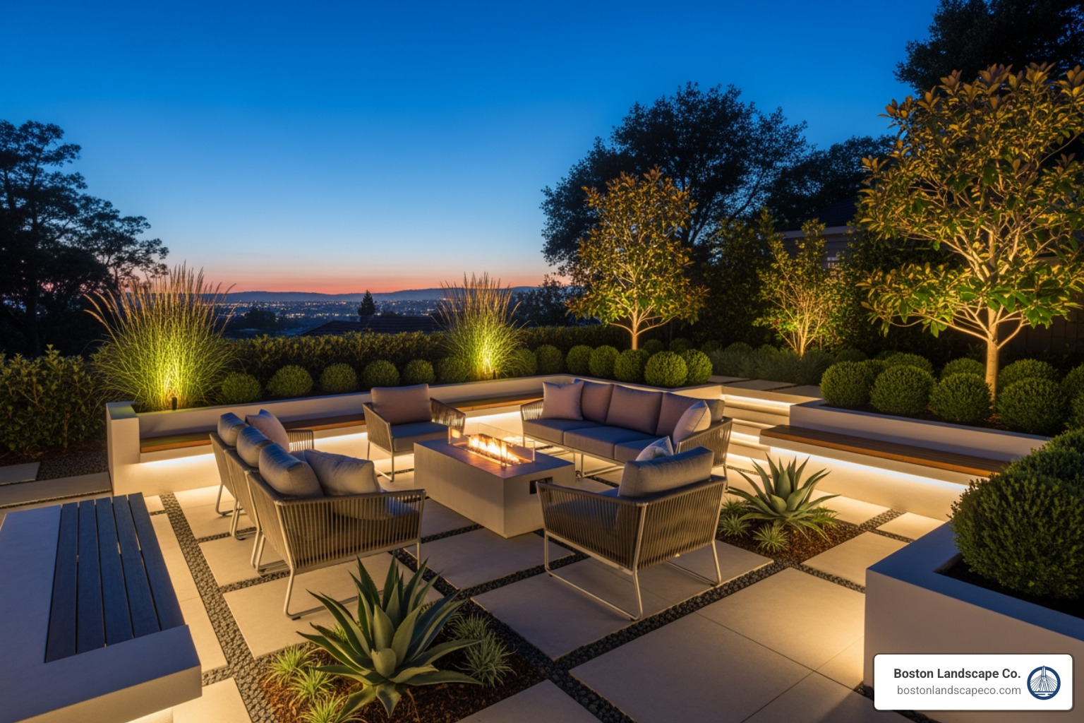 contemporary garden at dusk with warm, layered lighting highlighting plants and a seating area - contemporary garden design