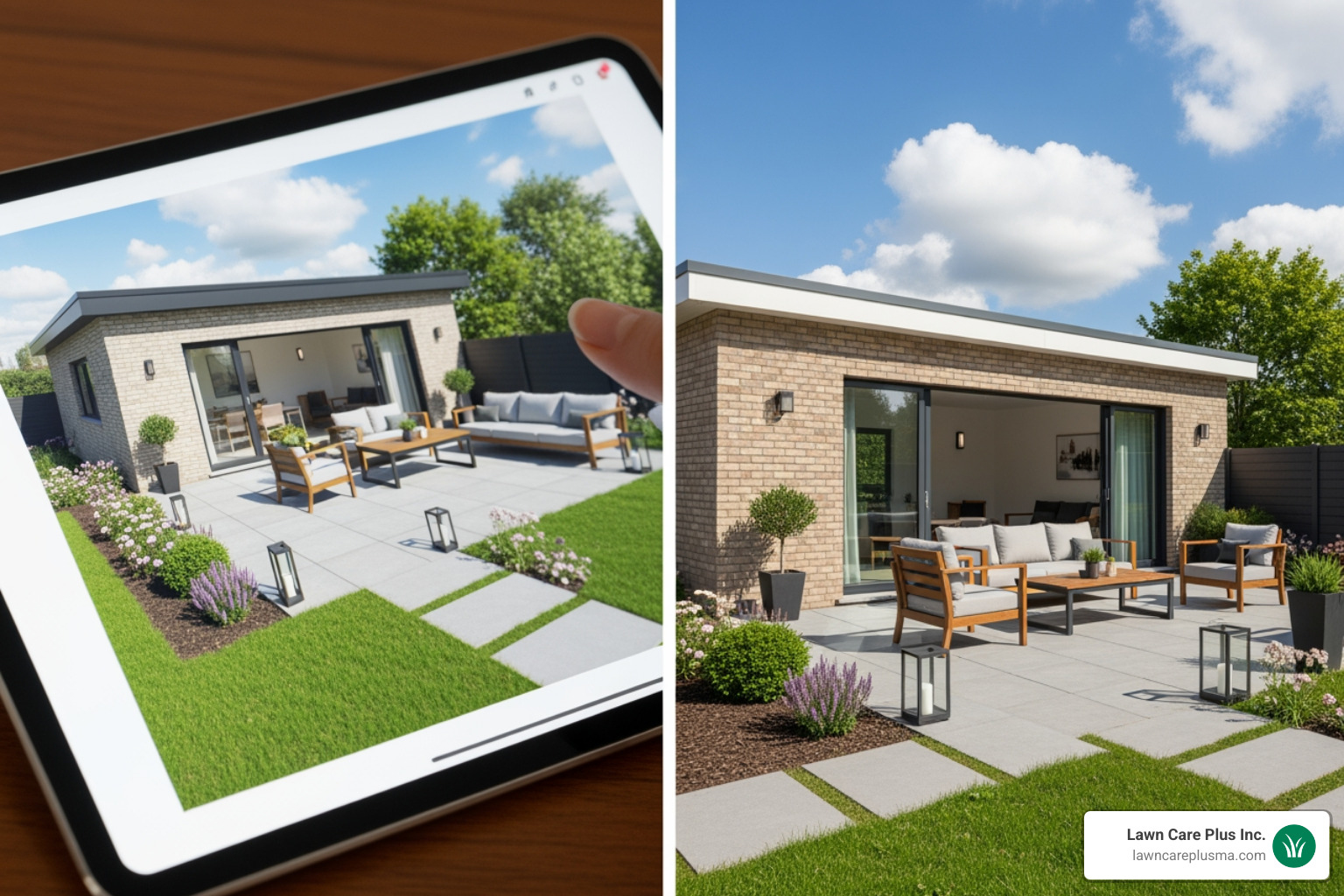 A split screen showing a 3D patio design on a tablet and the finished real-life patio - patio designer