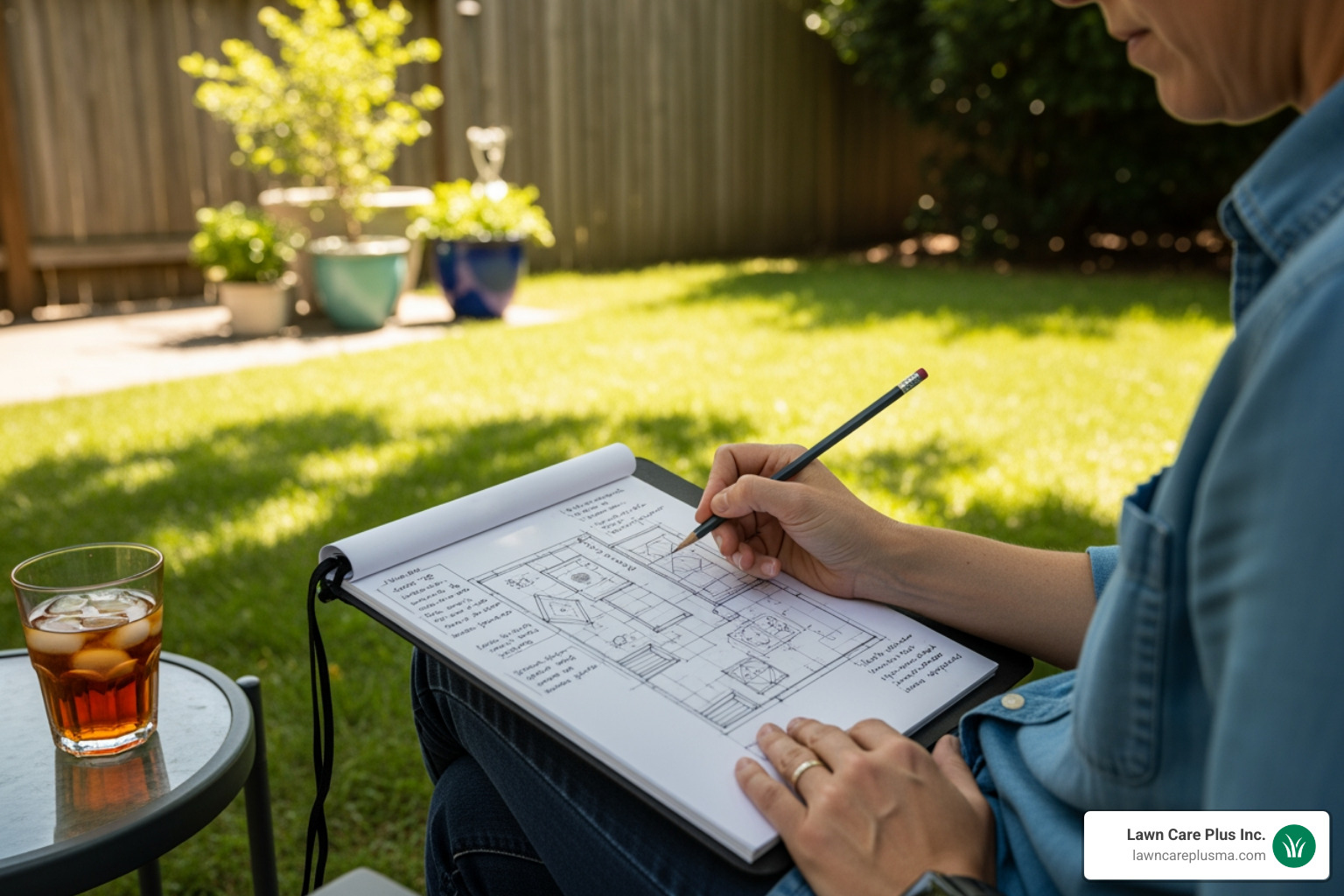 A person sketching a patio layout on a notepad in their backyard - patio designer