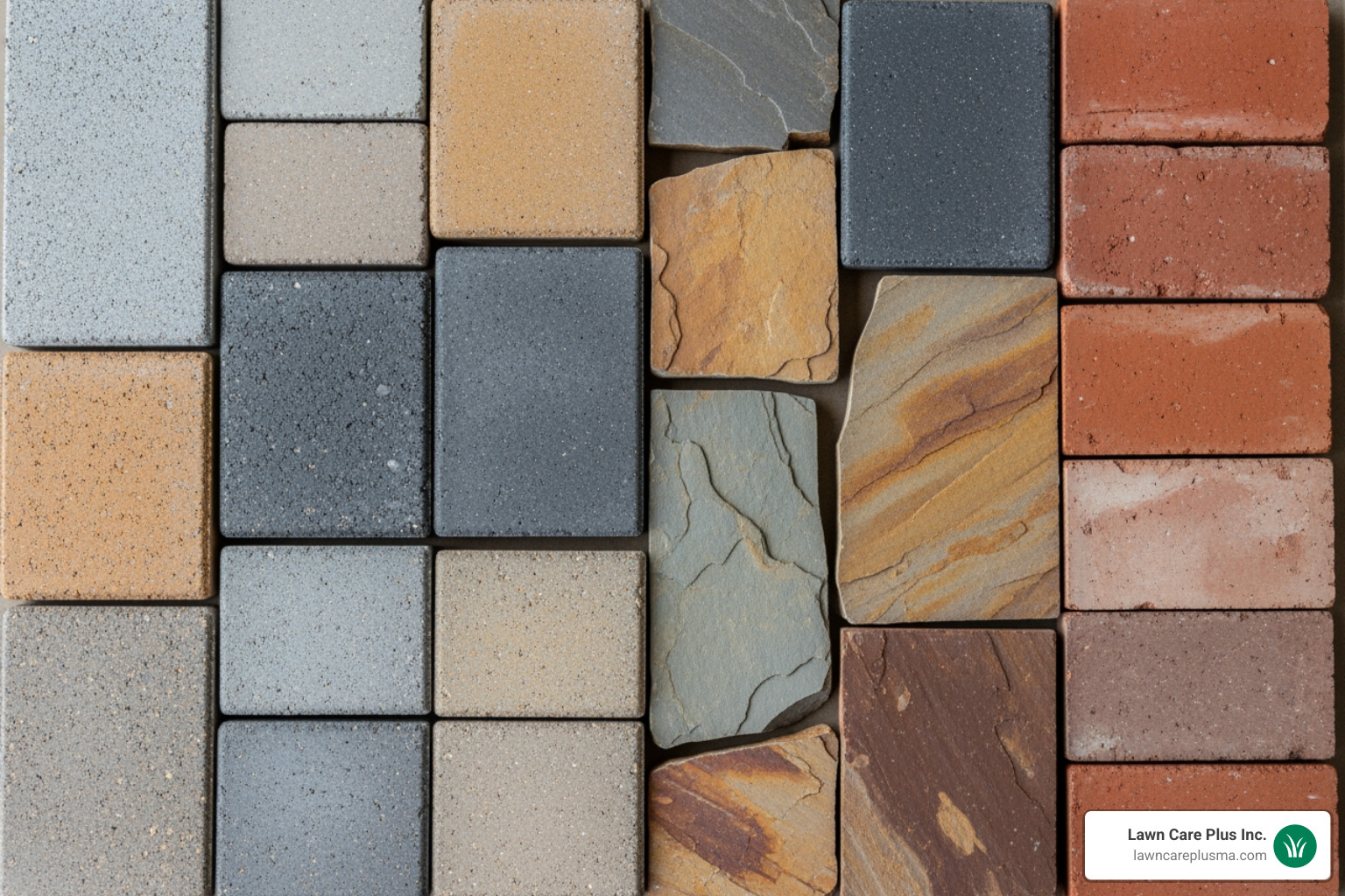 A close-up showing a variety of patio material samples like pavers, flagstone, and brick - patio designer