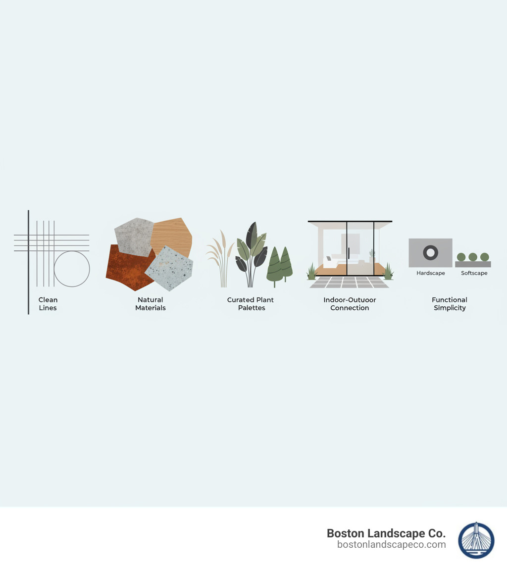 Infographic showing the 5 core principles of contemporary garden design: 1. Clean Lines - geometric shapes, structured layouts, and defined edges; 2. Natural Materials - concrete, wood, Corten steel, and stone in neutral tones; 3. Curated Plant Palettes - fewer varieties with bold forms, ornamental grasses, and architectural specimens; 4. Indoor-Outdoor Connection - seamless transitions using sliding doors and material continuity; 5. Functional Simplicity - purposeful elements where hardscape and softscape serve clear roles - contemporary garden design infographic 