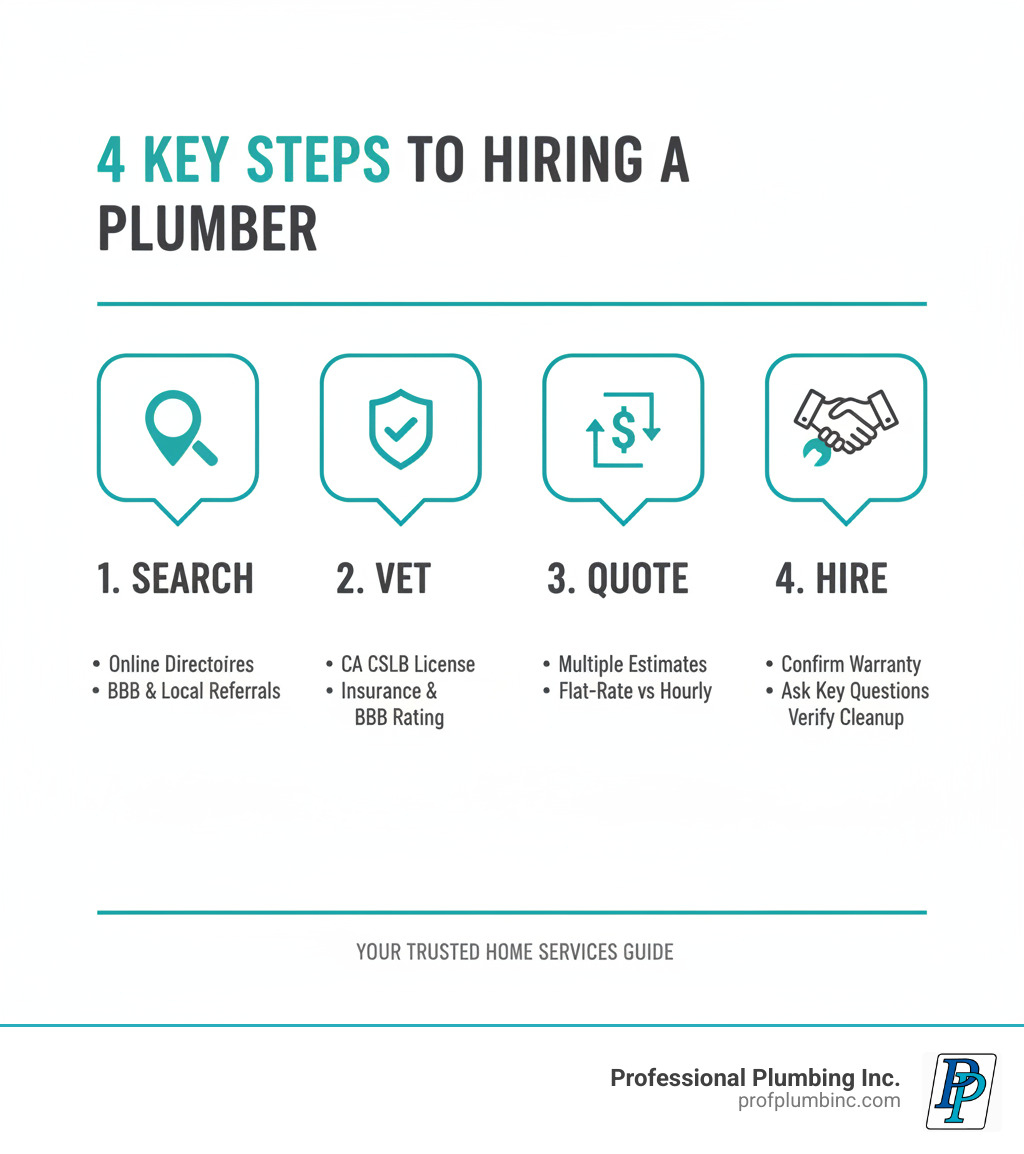 infographic showing 4 key steps to hiring a plumber: Step 1 Search using online directories, BBB, and local referrals; Step 2 Vet by checking California CSLB license, insurance, and BBB rating; Step 3 Quote by getting multiple estimates and comparing flat-rate vs hourly pricing; Step 4 Hire after confirming warranty, asking key questions, and verifying cleanup process - private plumbers near me infographic 