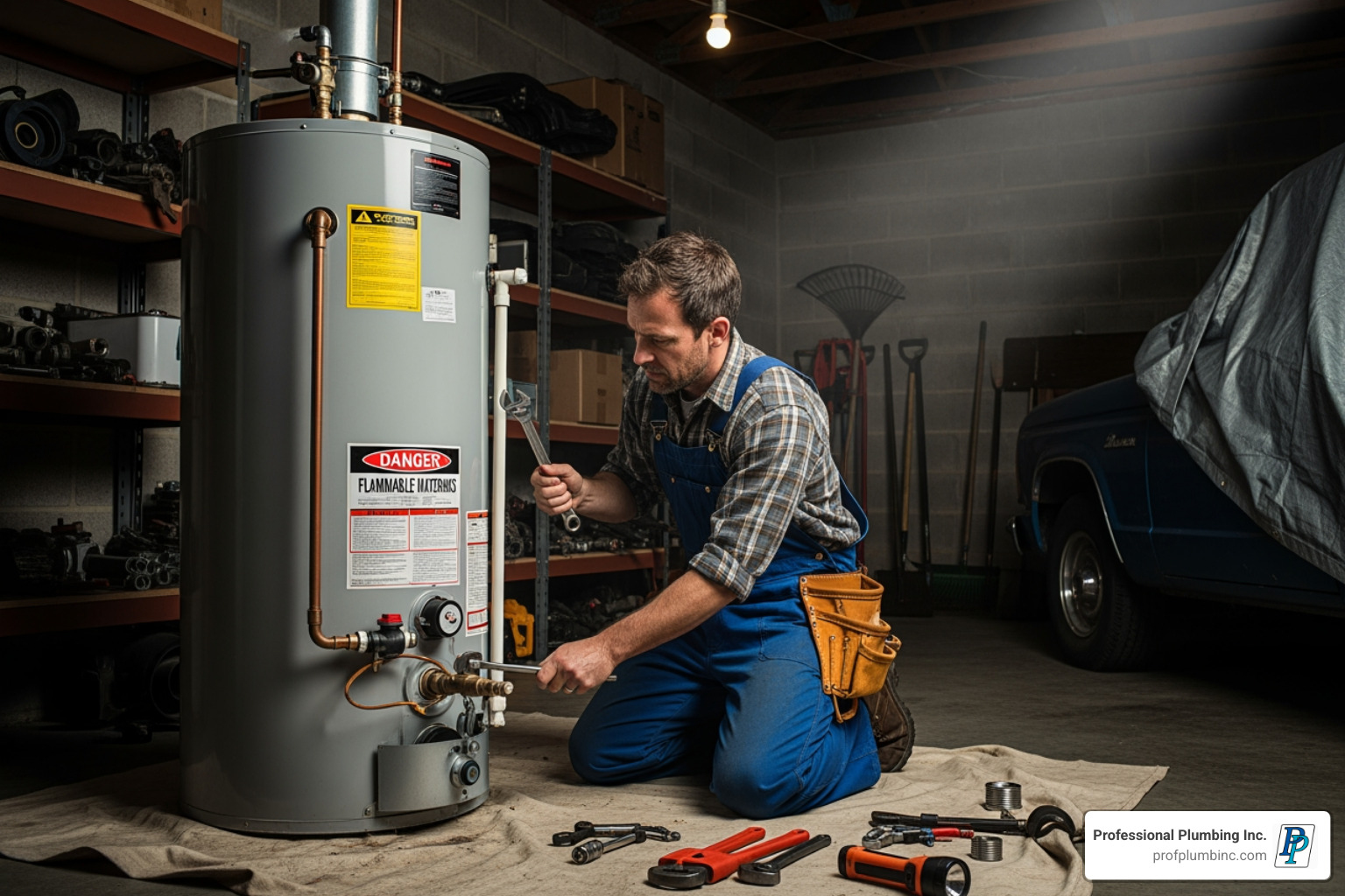 plumber repairing a water heater in a garage - private plumbers near me
