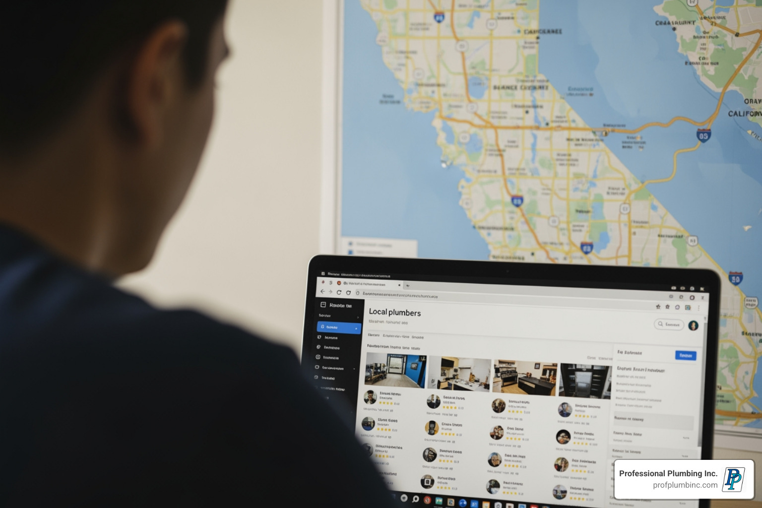 person searching for local plumbers on a laptop with an Orange County map in the background - private plumbers near me