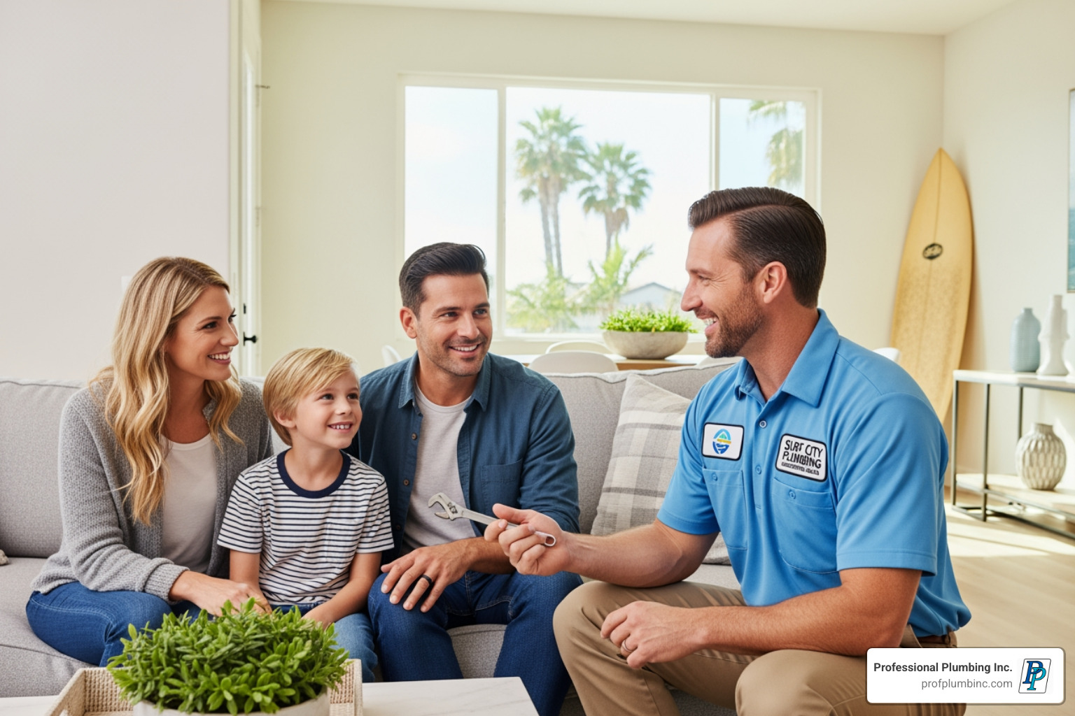 friendly Professional Plumbing Inc. plumber with a family in their Huntington Beach home - how often should plumbing be inspected