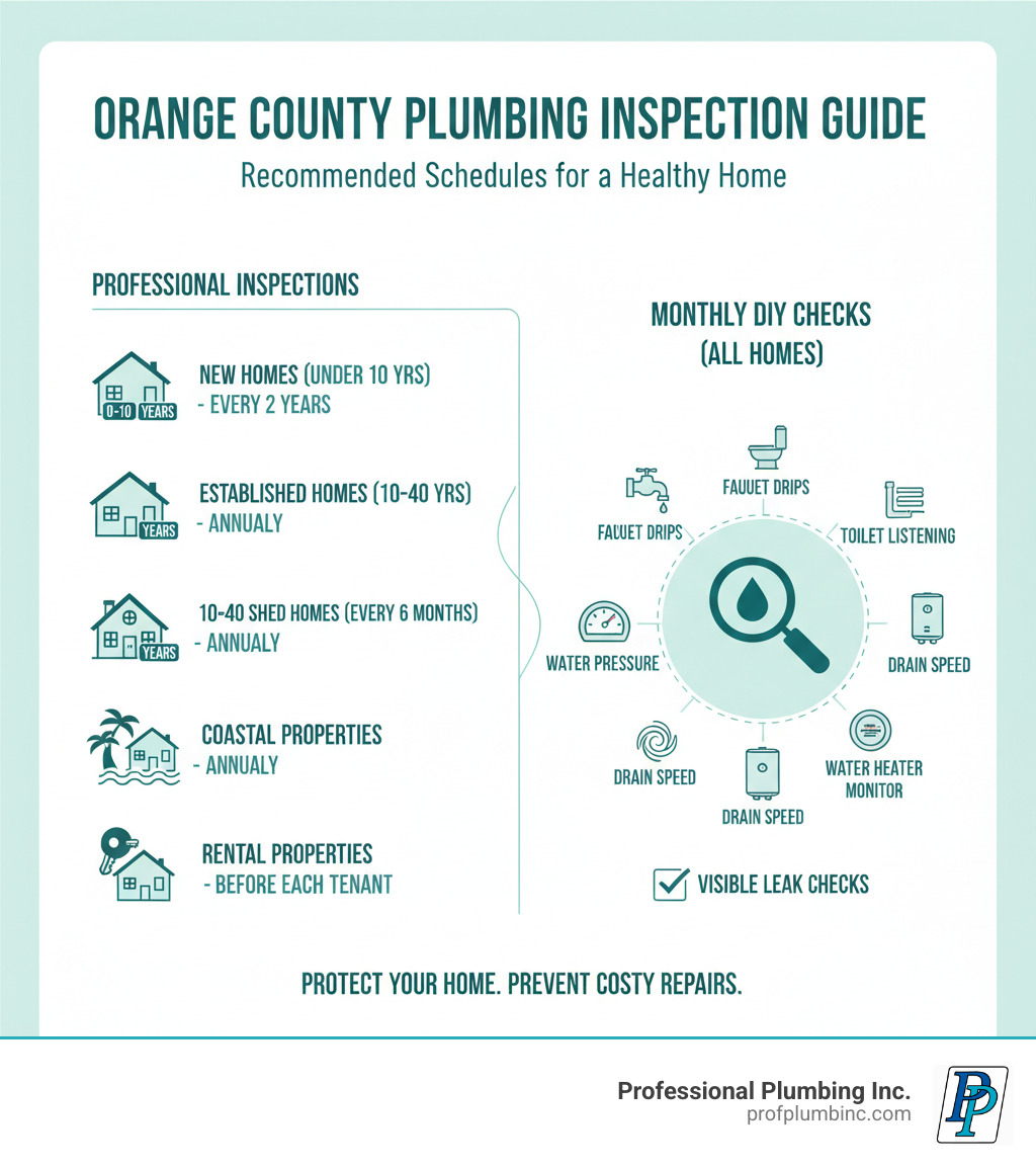 Infographic showing recommended plumbing inspection schedules for different home ages in Orange County: new homes under 10 years every 2 years, established homes 10-40 years annually, older homes 40+ years every 6 months, coastal properties annually, rental properties before each tenant, plus monthly DIY checks for all homes including visible leak checks, faucet drip inspection, toilet listening test, water pressure testing, drain speed observation, water heater visual inspection, and water meter monitoring - how often should plumbing be inspected infographic 